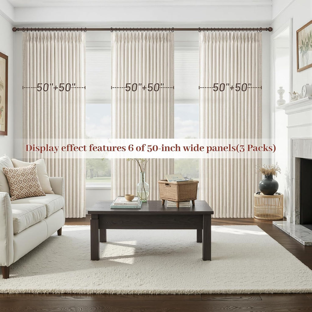 Pinch Pleated Linen 50 Inch Wide Curtains 96 Inches Long for Living Room, Memory Trained Pleat Boho Semi Sheer Birch Light Filtering Privacy Drapes 50x96 Inch Length 2 Panels Set Curtain Cream Ivory