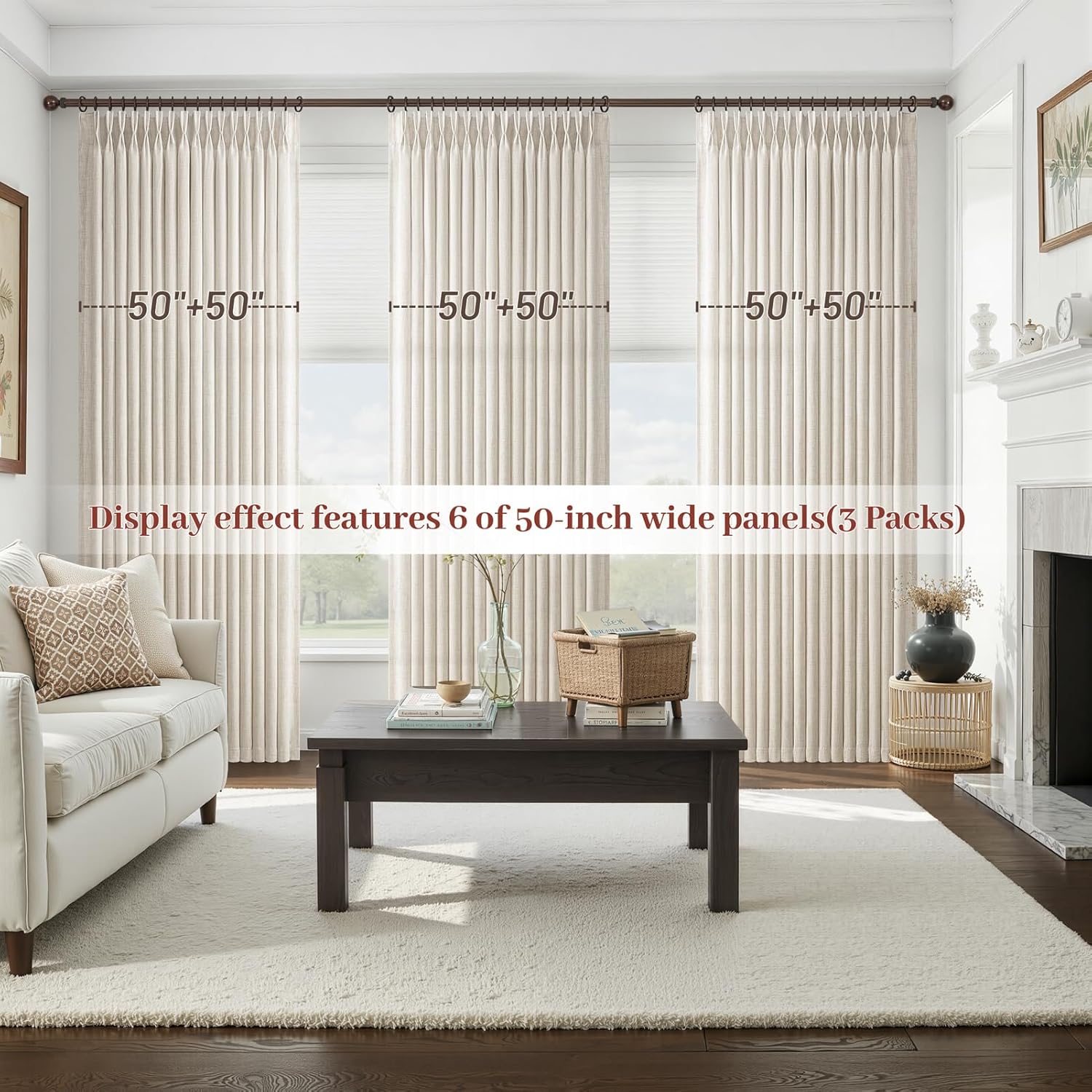 Pinch Pleated Linen 50 Inch Wide Curtains 96 Inches Long for Living Room, Memory Trained Pleat Boho Semi Sheer Birch Light Filtering Privacy Drapes 50x96 Inch Length 2 Panels Set Curtain Cream Ivory