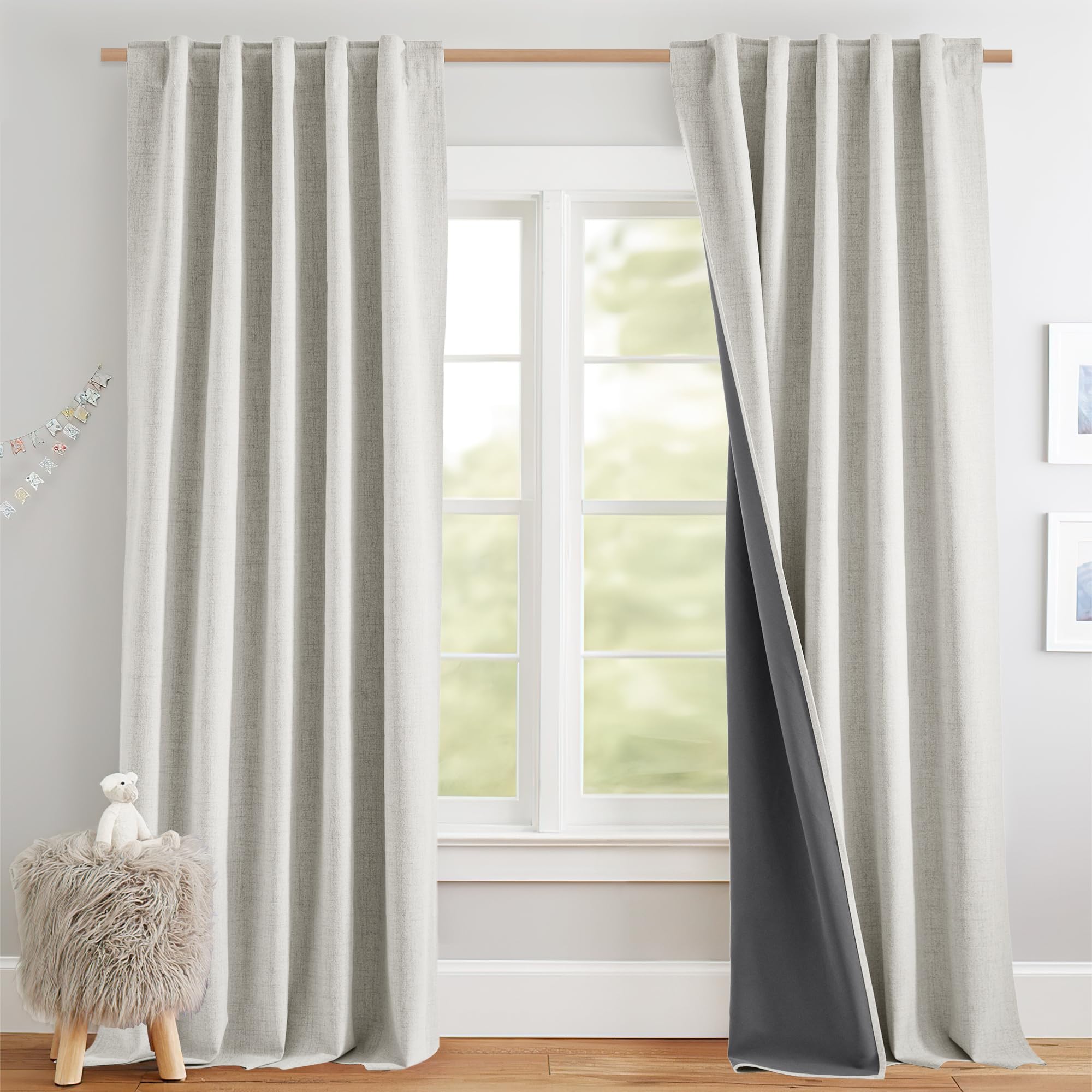 NICETOWN 100% Blackout Linen Curtains 90" Long for Bedroom, Thermal Insulated Living Room Curtains with Liner, Farmhouse Style Linen Blend Window Draperies for Dining Room (2 Panels, 52" W, Natural)