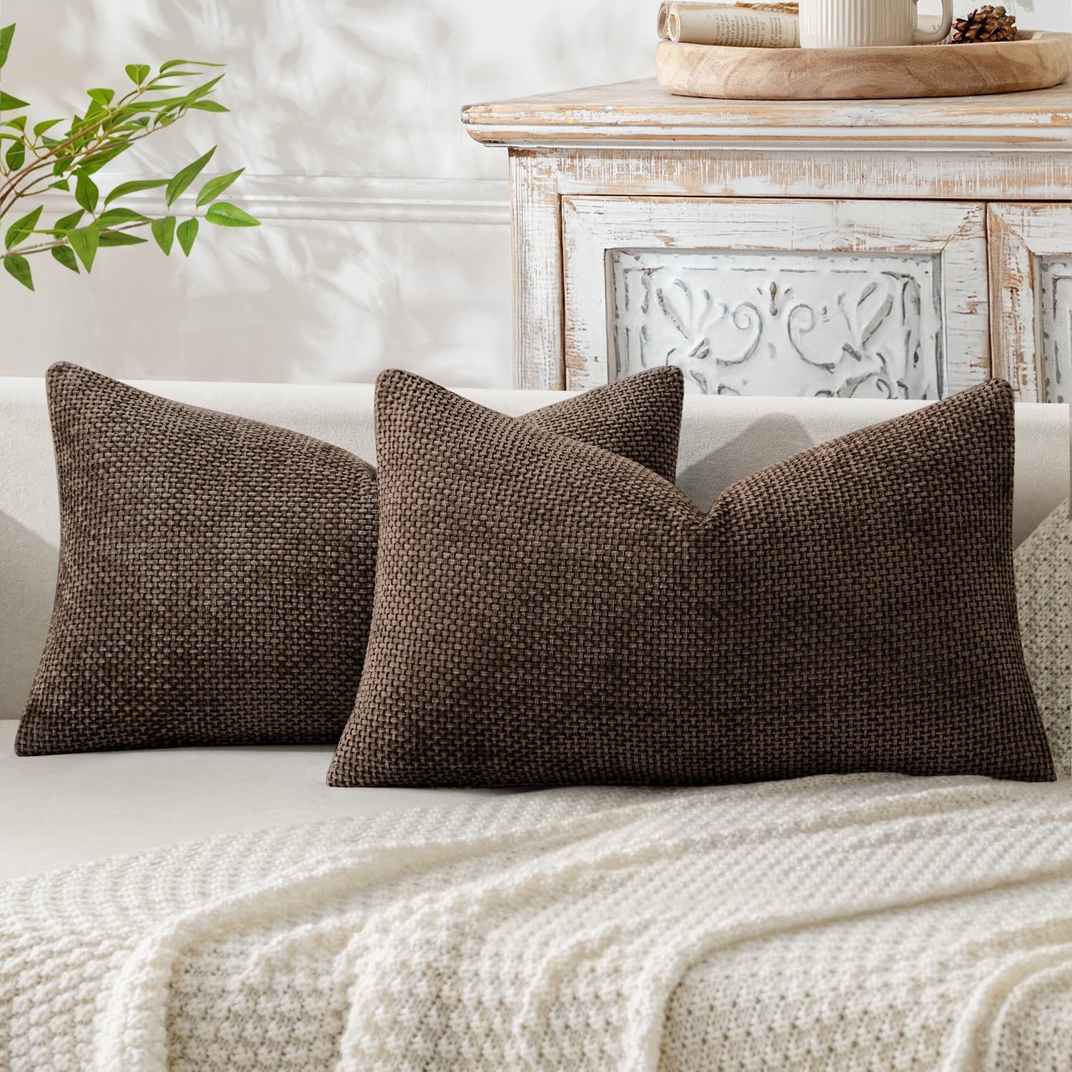MIULEE Pack of 2 Couch Throw Pillow Covers 18x18 Inch Neutral Beige Modern Boho Accent Decorative Pillow Covers Soft Chenille Farmhouse Cushion Covers for Home Decor Bed Sofa Living Room