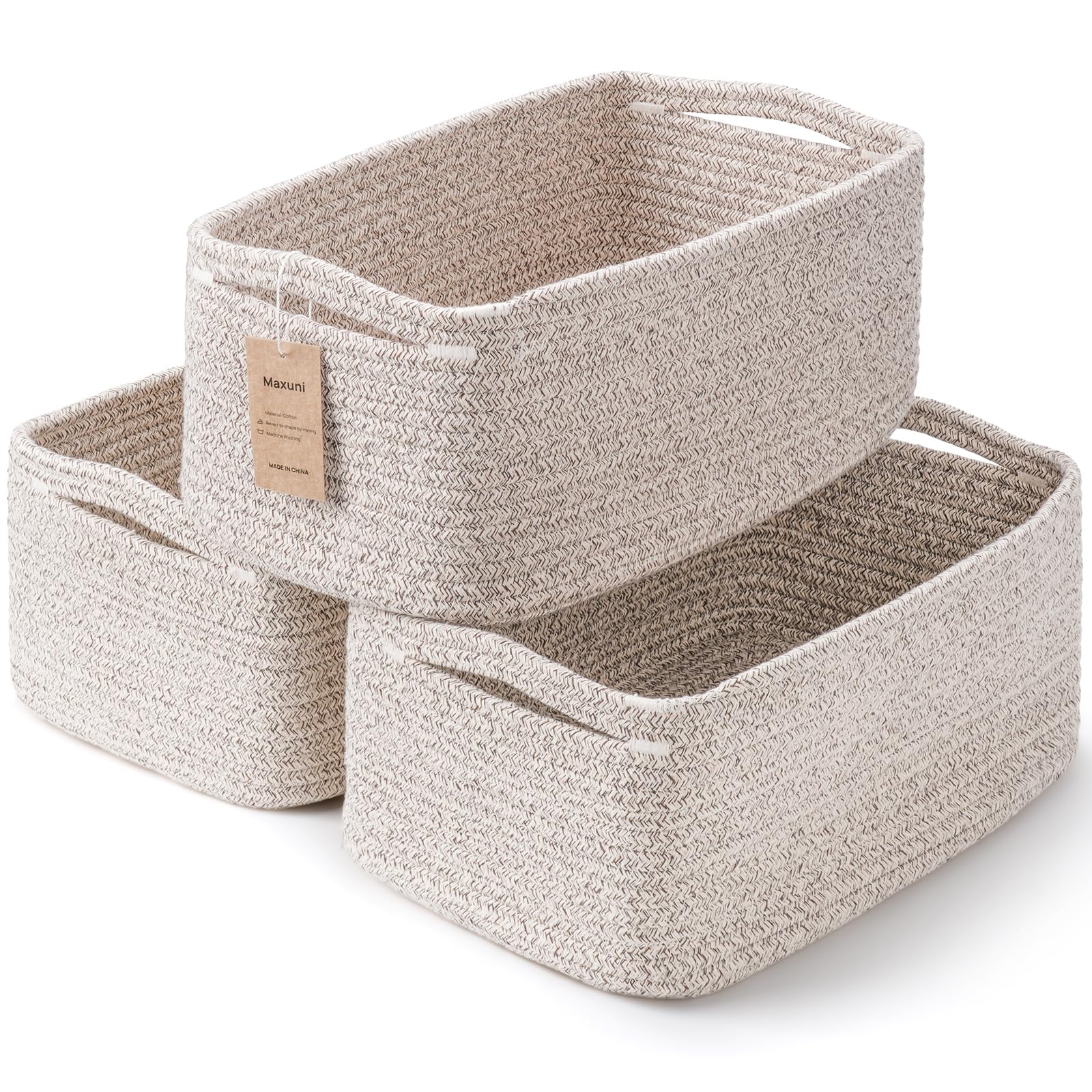 3-Pack Small Storage Baskets for Organizing | Woven Shelf Toy Basket | Rope Baskets for Gifts Empty | Closet Organizer Bins with Handles | Cube Decorative Box | 11.8×7.8×5.1” | Mixed brown