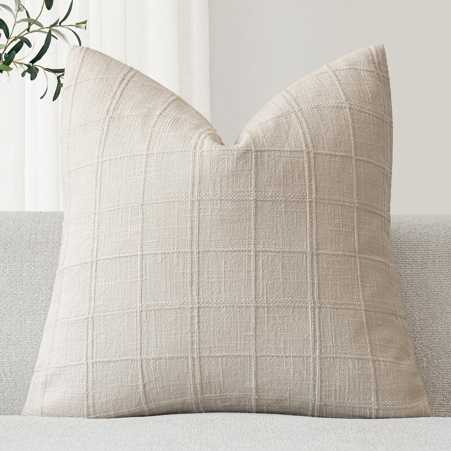 Foindtower Set of 1 Decorative Linen Check Throw Pillow Cover Neutral Farmhouse Lumbar Cushion Cover Modern Boho Home Decor for Sofa Chair Couch Bedroom Living Room,12×20 Inch,Natural Beige