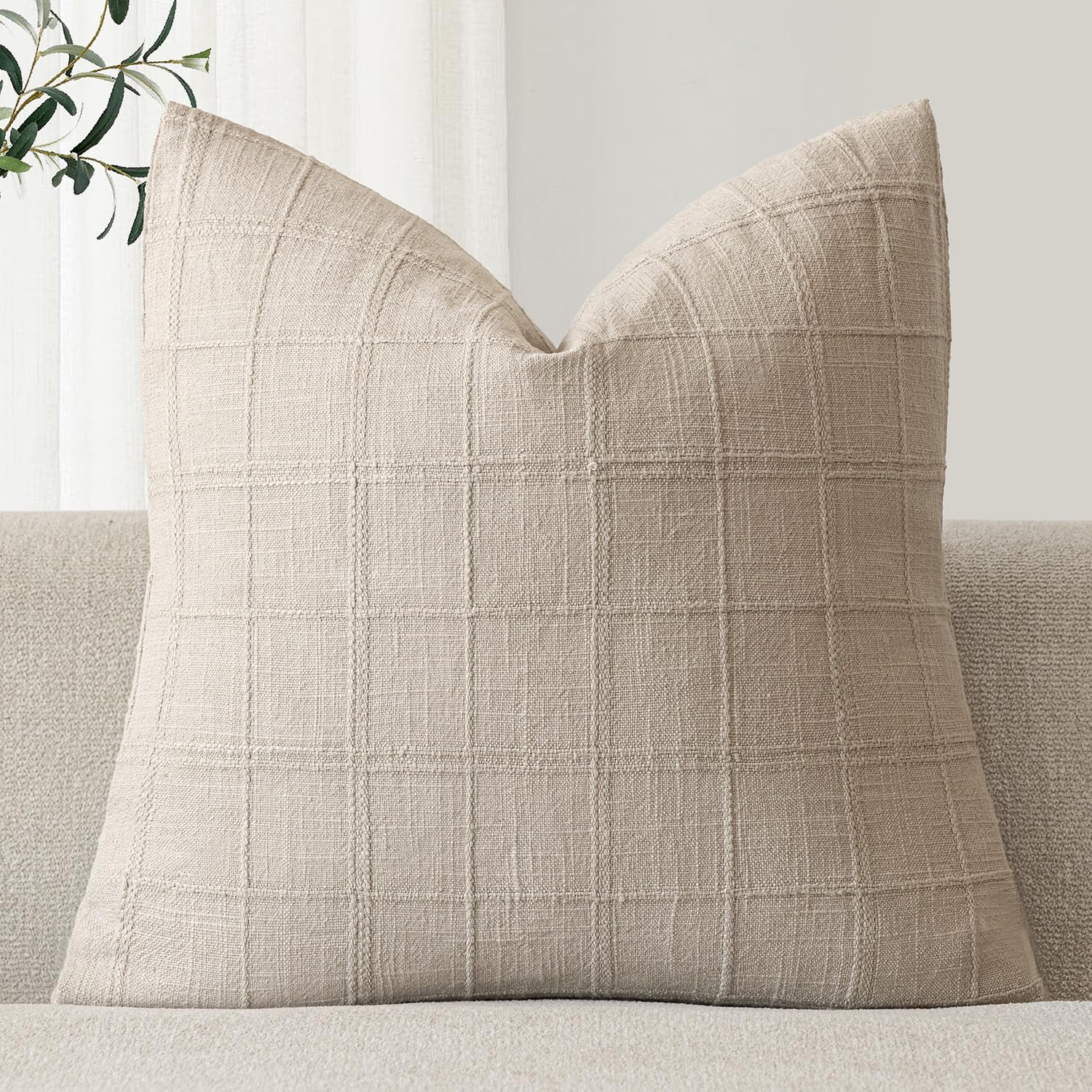 Foindtower Set of 1 Decorative Linen Check Throw Pillow Cover Neutral Farmhouse Lumbar Cushion Cover Modern Boho Home Decor for Sofa Chair Couch Bedroom Living Room,12×20 Inch,Natural Beige