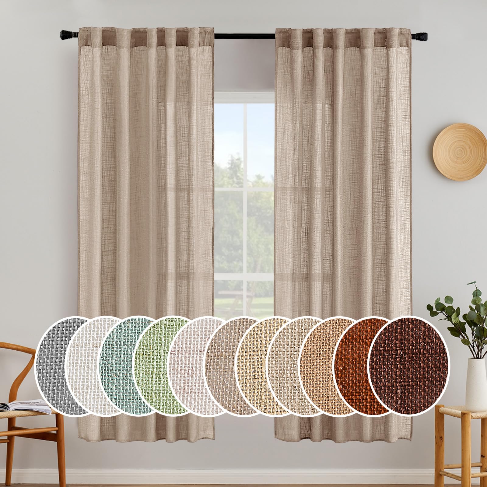 MIULEE Taupe Linen Curtains 84 Inch Length for Bedroom Living Room, Soft Thick Linen Textured Window Drapes Semi Sheer Light Filtering Back Tab Rod Pocket Burlap Look Farmhouse Country Decor, 2 Panels
