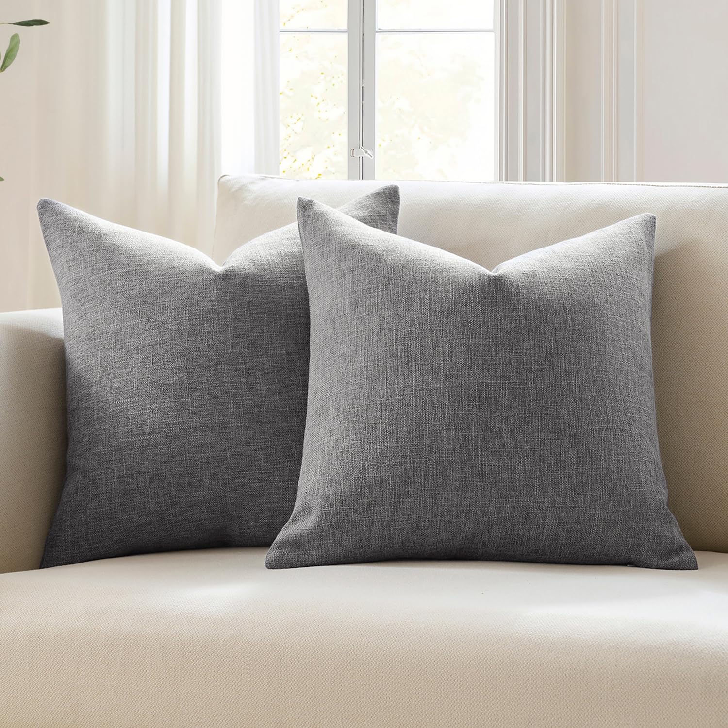 Meekio Set of 2 Ivory Throw Pillow Covers 18x18, Modern Farmhouse Linen Blend Decorative Pillow Covers for Couch Sofa Bed, Neutral Home Decor