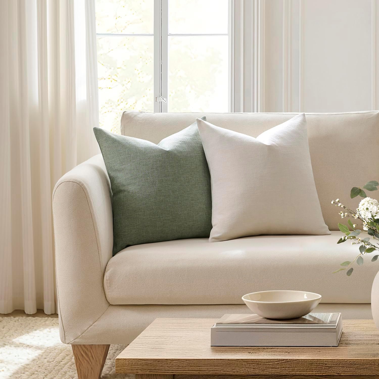 Meekio Set of 2 Ivory Throw Pillow Covers 18x18, Modern Farmhouse Linen Blend Decorative Pillow Covers for Couch Sofa Bed, Neutral Home Decor