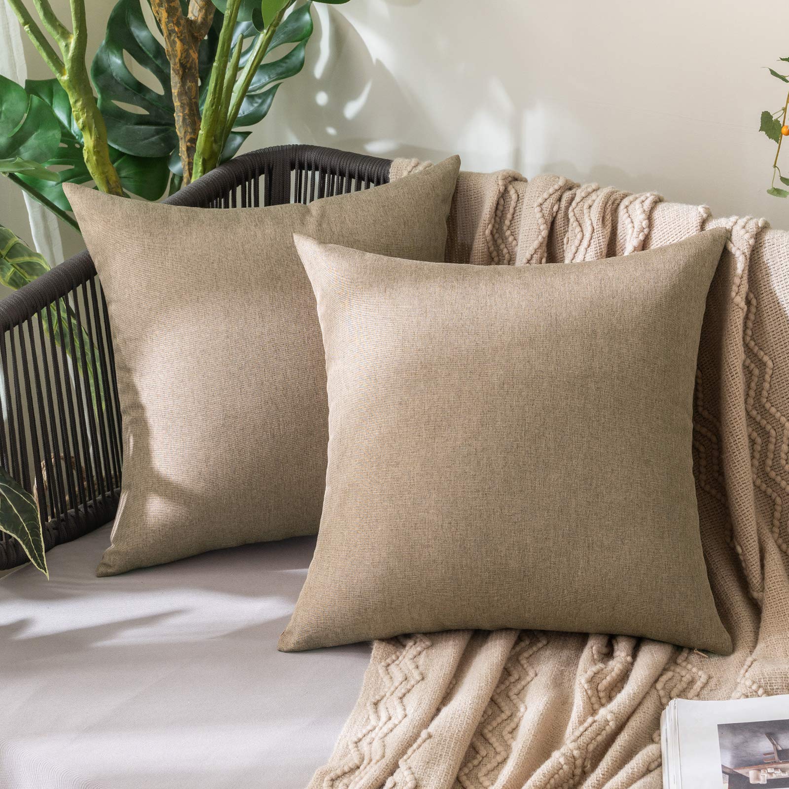 MIULEE Pack of 2 Decorative Outdoor Solid Waterproof Throw Pillow Covers Faux Linen Garden Farmhouse Cushion Cases for Patio Tent Balcony Couch Sofa 18x18 Inch Beige