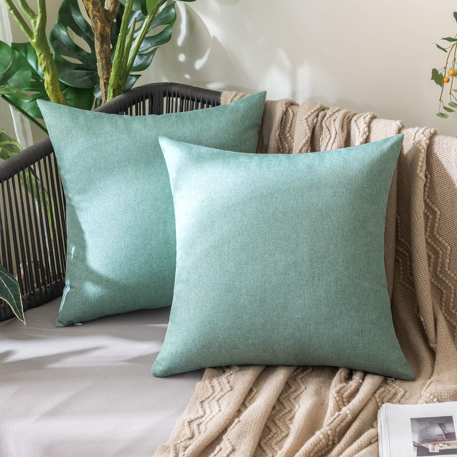MIULEE Pack of 2 Decorative Outdoor Solid Waterproof Throw Pillow Covers Faux Linen Garden Farmhouse Cushion Cases for Patio Tent Balcony Couch Sofa 18x18 Inch Beige