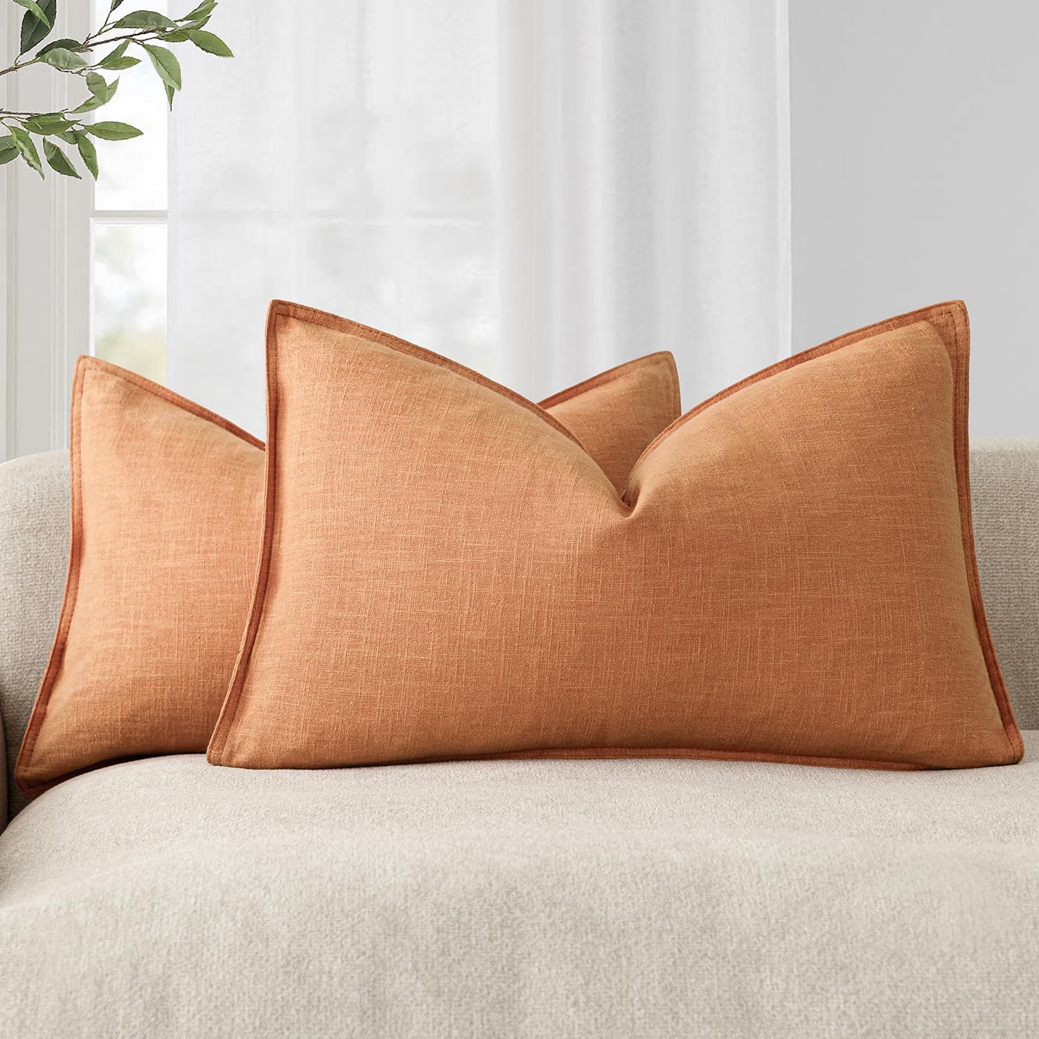 Foindtower Pack of 2, Decorative Linen Soild Throw Pillow Covers Soft Accent Cushion Case Boho Farmhouse Neutral Pillowcase for Couch Sofa Bedroom Living Room Home Decor 18 x 18 Inch Natural Beige