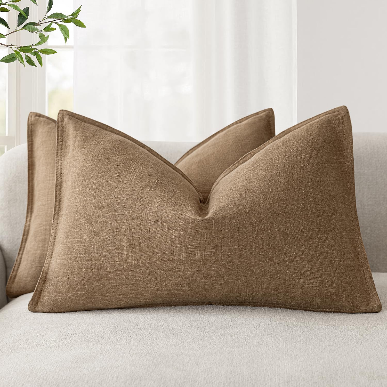 Foindtower Pack of 2, Decorative Linen Soild Throw Pillow Covers Soft Accent Cushion Case Boho Farmhouse Neutral Pillowcase for Couch Sofa Bedroom Living Room Home Decor 20 x 20 Inch Natural Beige