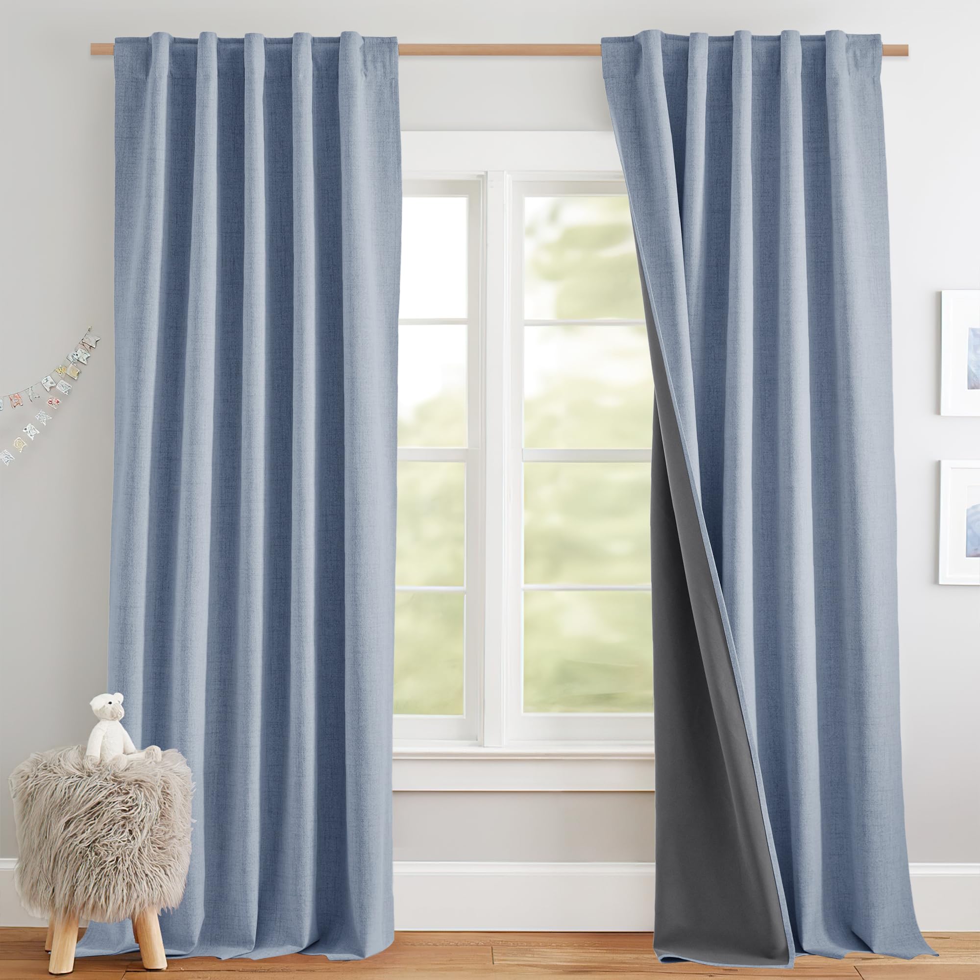 NICETOWN 100% Blackout Linen Curtains 90" Long for Bedroom, Thermal Insulated Living Room Curtains with Liner, Farmhouse Style Linen Blend Window Draperies for Dining Room (2 Panels, 52" W, Natural)