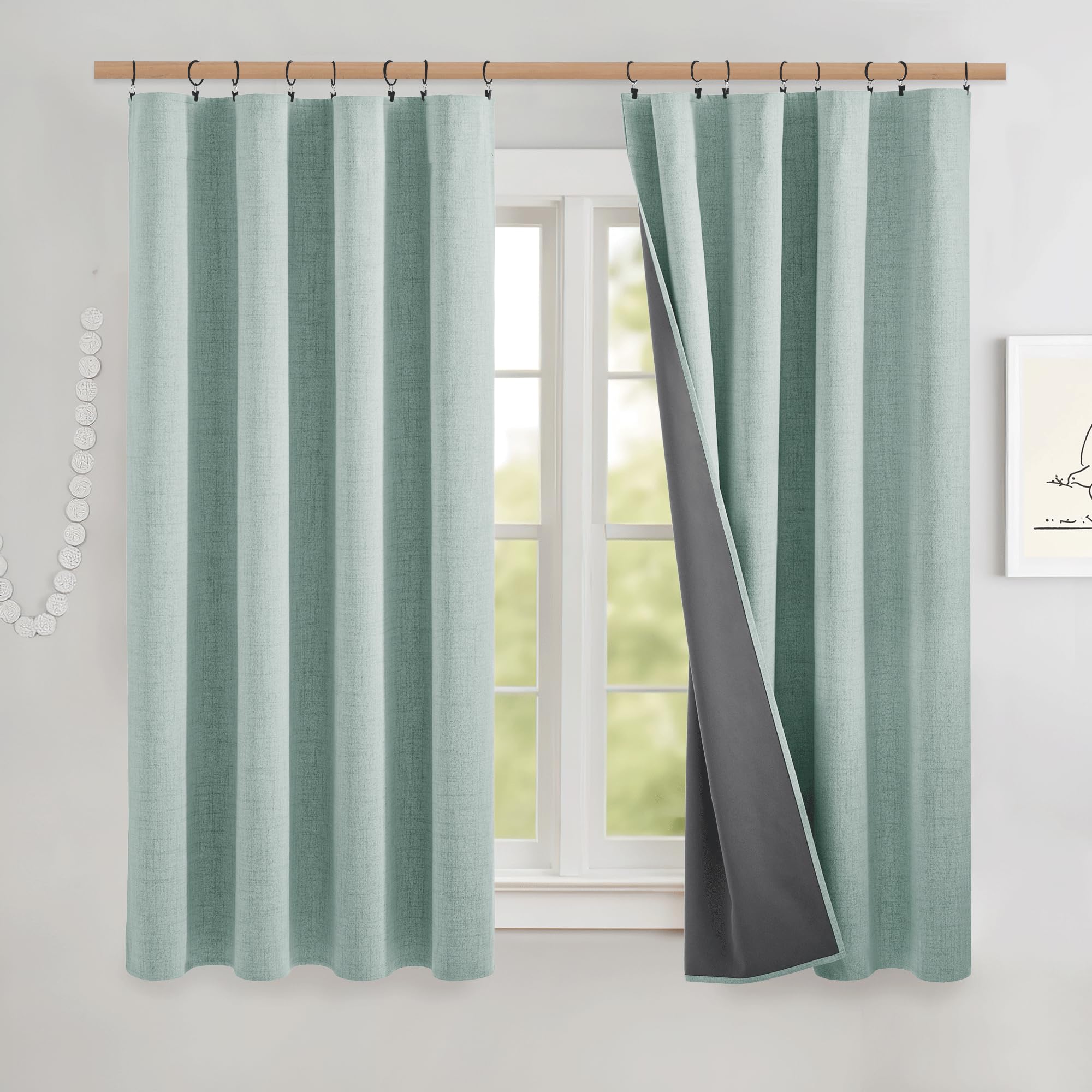 NICETOWN 100% Blackout Linen Curtains 90" Long for Bedroom, Thermal Insulated Living Room Curtains with Liner, Farmhouse Style Linen Blend Window Draperies for Dining Room (2 Panels, 52" W, Natural)