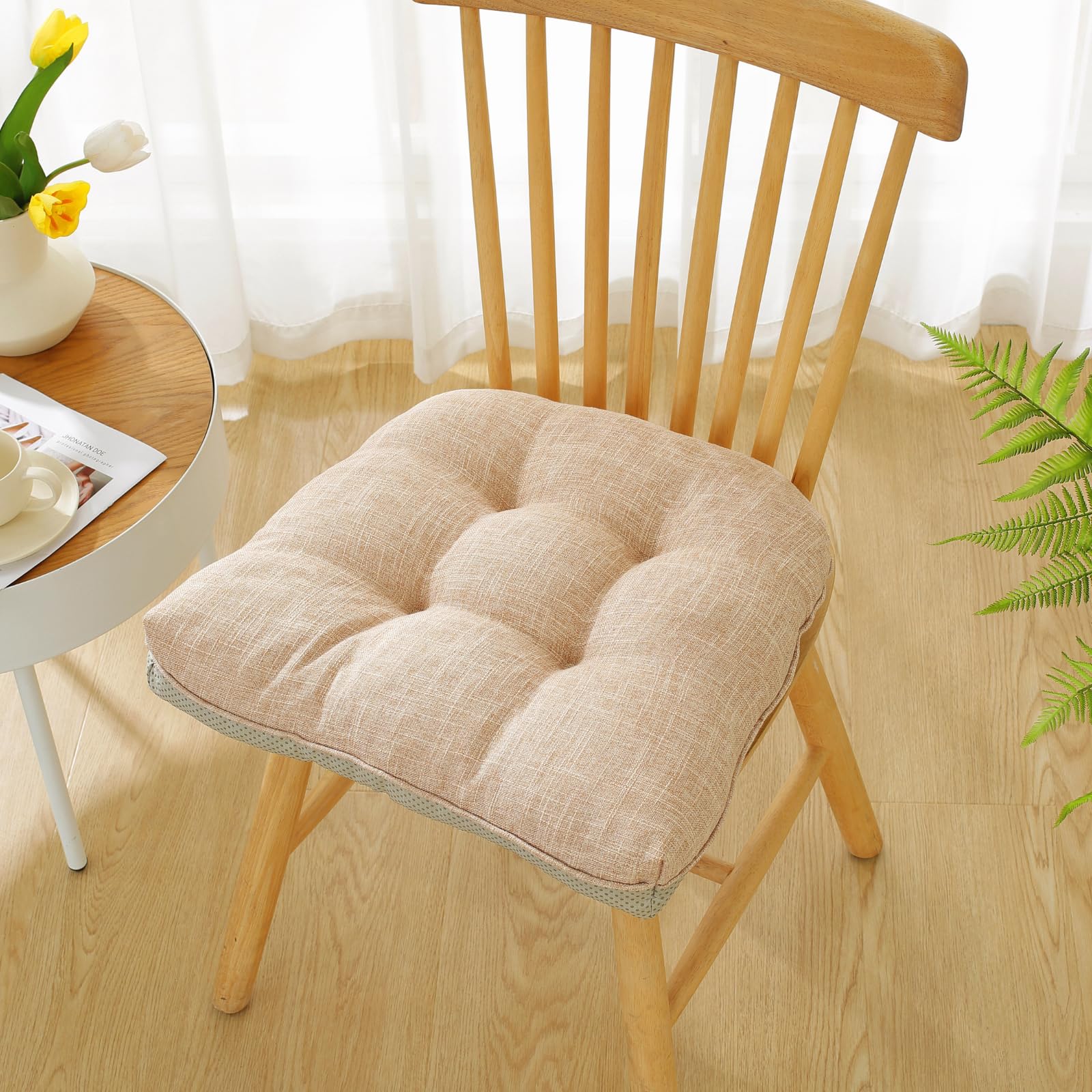 Cotton Linen Soft Comfort Chair Cushion 18"x17"x2" Tufted Chair Pads with Ties Non-Slip Seat Cushions for Indoor Dining Room Kitchen and Office Chairs (Khaki,18"x17")