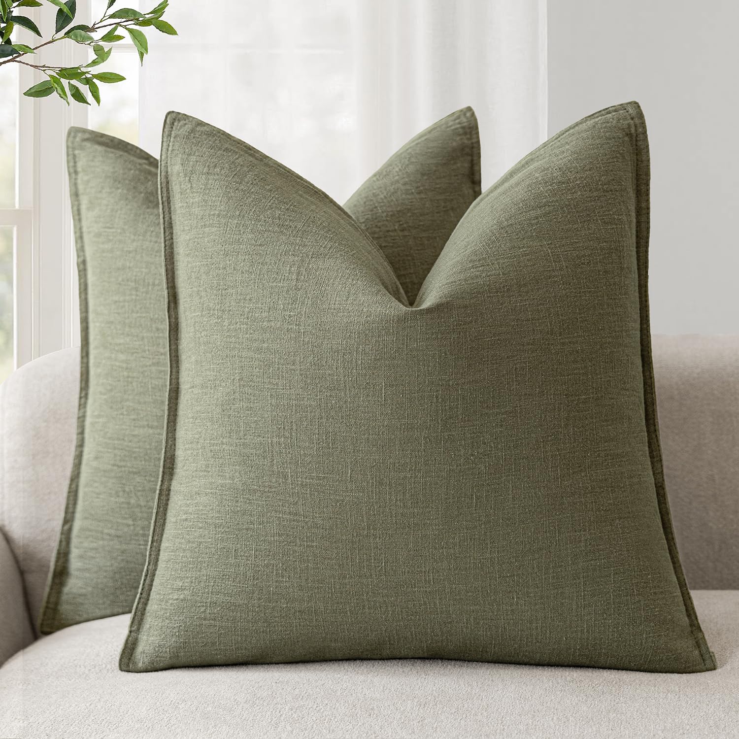 Foindtower Pack of 2, Decorative Linen Soild Throw Pillow Covers Soft Accent Cushion Case Boho Farmhouse Neutral Pillowcase for Couch Sofa Bedroom Living Room Home Decor 18 x 18 Inch Natural Beige