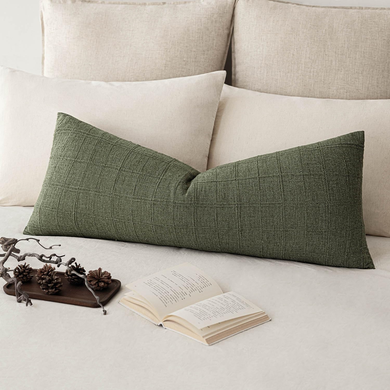 Foindtower Set of 1 Decorative Linen Check Throw Pillow Cover Neutral Farmhouse Lumbar Cushion Cover Modern Boho Home Decor for Sofa Chair Couch Bedroom Living Room,12×20 Inch,Natural Beige