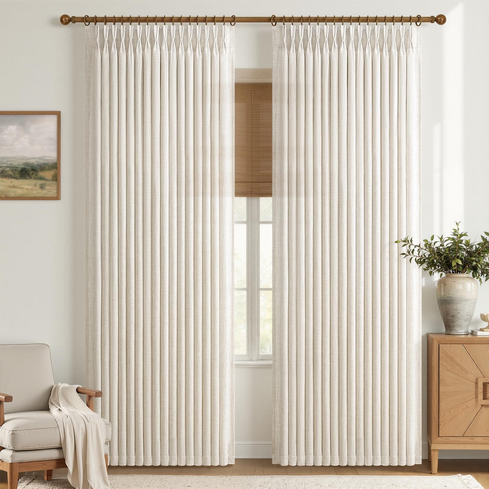 Pinch Pleated Linen 50 Inch Wide Curtains 96 Inches Long for Living Room, Memory Trained Pleat Boho Semi Sheer Birch Light Filtering Privacy Drapes 50x96 Inch Length 2 Panels Set Curtain Cream Ivory