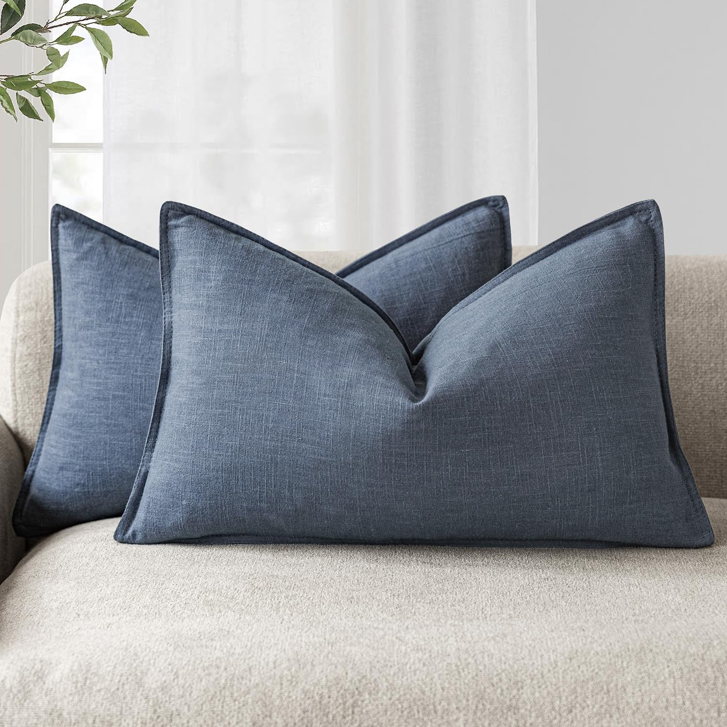 Foindtower Pack of 2, Decorative Linen Soild Throw Pillow Covers Soft Accent Cushion Case Boho Farmhouse Neutral Pillowcase for Couch Sofa Bedroom Living Room Home Decor 18 x 18 Inch Natural Beige