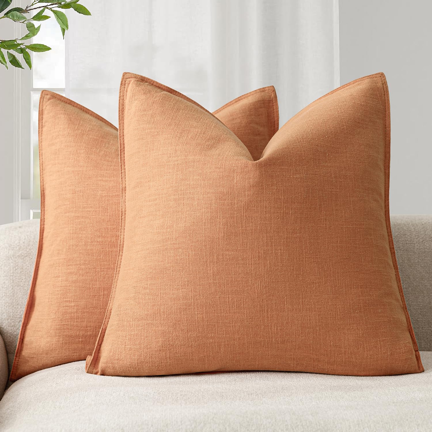 Foindtower Pack of 2, Decorative Linen Soild Throw Pillow Covers Soft Accent Cushion Case Boho Farmhouse Neutral Pillowcase for Couch Sofa Bedroom Living Room Home Decor 20 x 20 Inch Natural Beige