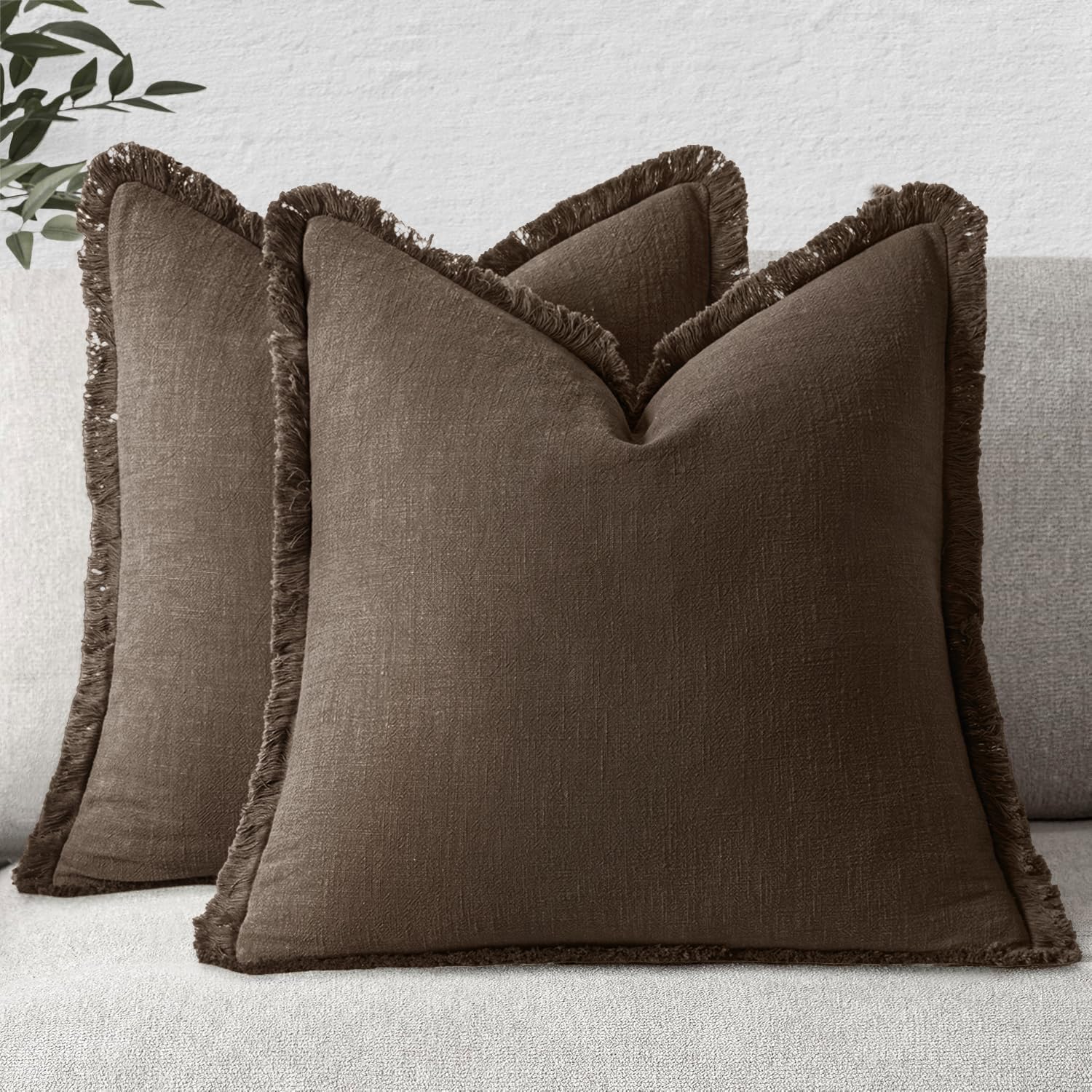 MIULEE Decorative Throw Pillow Covers Neutral Linen Fringe Throw Pillows Set of 2 Natural Beige Boho Farmhouse Cushion Cases with Tassels for Couch Sofa Bed Living Room Spring Decor 18x18 Inch