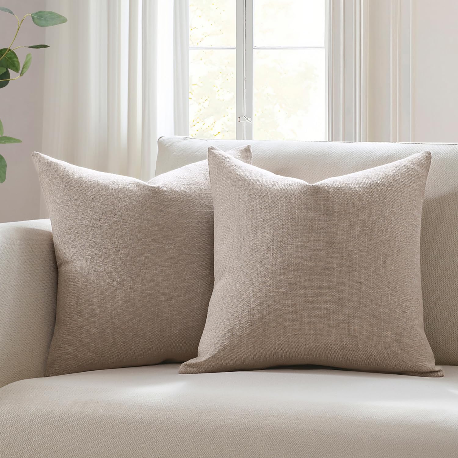 Meekio Set of 2 Ivory Throw Pillow Covers 18x18, Modern Farmhouse Linen Blend Decorative Pillow Covers for Couch Sofa Bed, Neutral Home Decor
