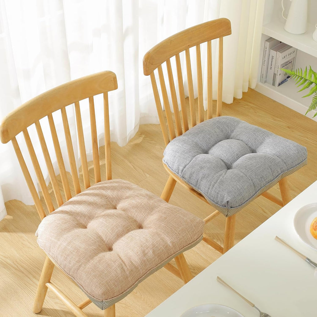 Cotton Linen Soft Comfort Chair Cushion 18"x17"x2" Tufted Chair Pads with Ties Non-Slip Seat Cushions for Indoor Dining Room Kitchen and Office Chairs (Khaki,18"x17")