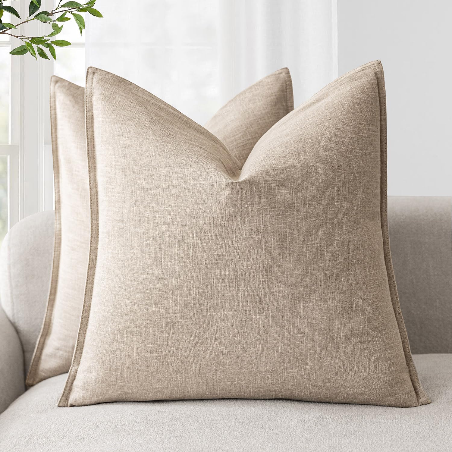 Foindtower Pack of 2, Decorative Linen Soild Throw Pillow Covers Soft Accent Cushion Case Boho Farmhouse Neutral Pillowcase for Couch Sofa Bedroom Living Room Home Decor 18 x 18 Inch Natural Beige