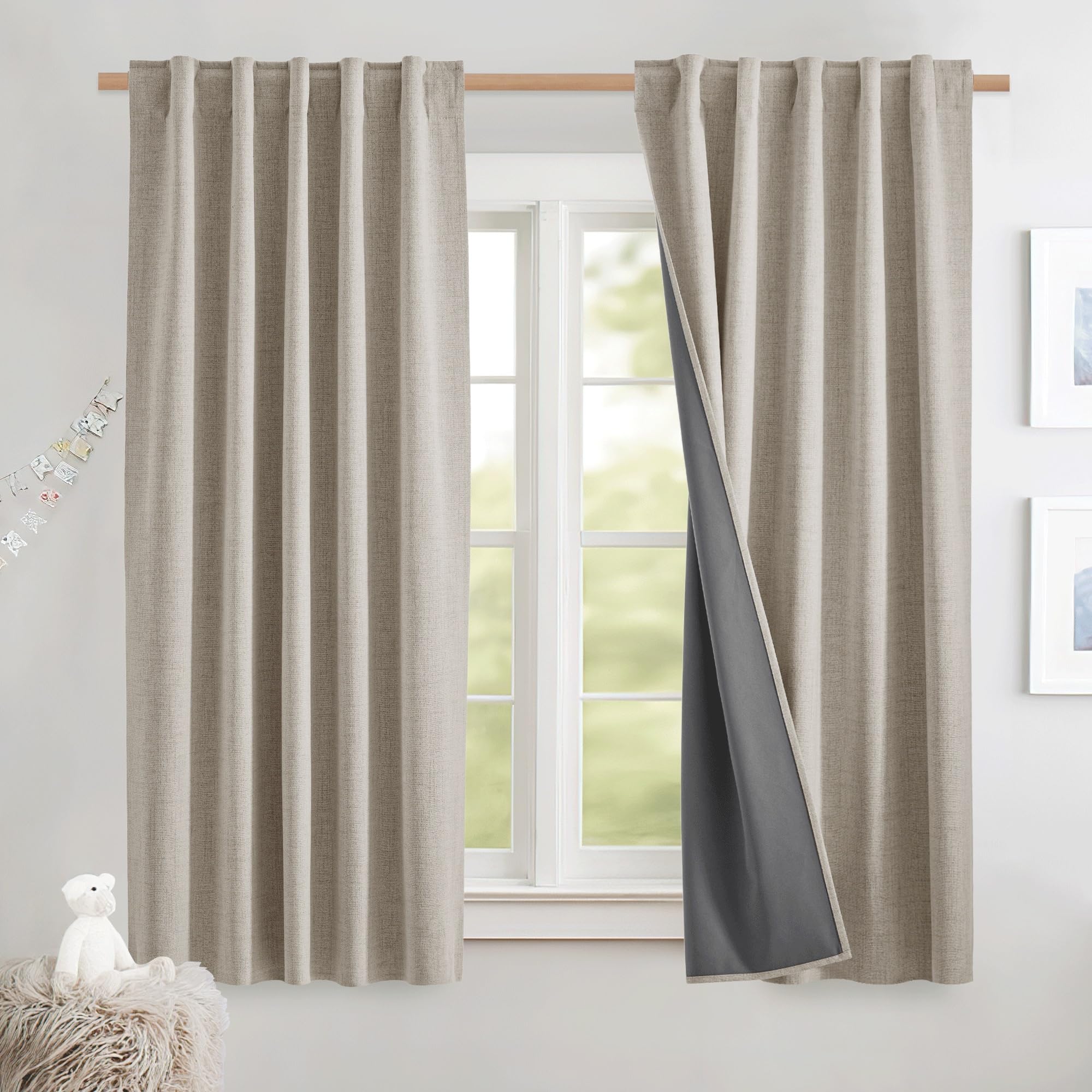 NICETOWN 100% Blackout Linen Curtains 90" Long for Bedroom, Thermal Insulated Living Room Curtains with Liner, Farmhouse Style Linen Blend Window Draperies for Dining Room (2 Panels, 52" W, Natural)