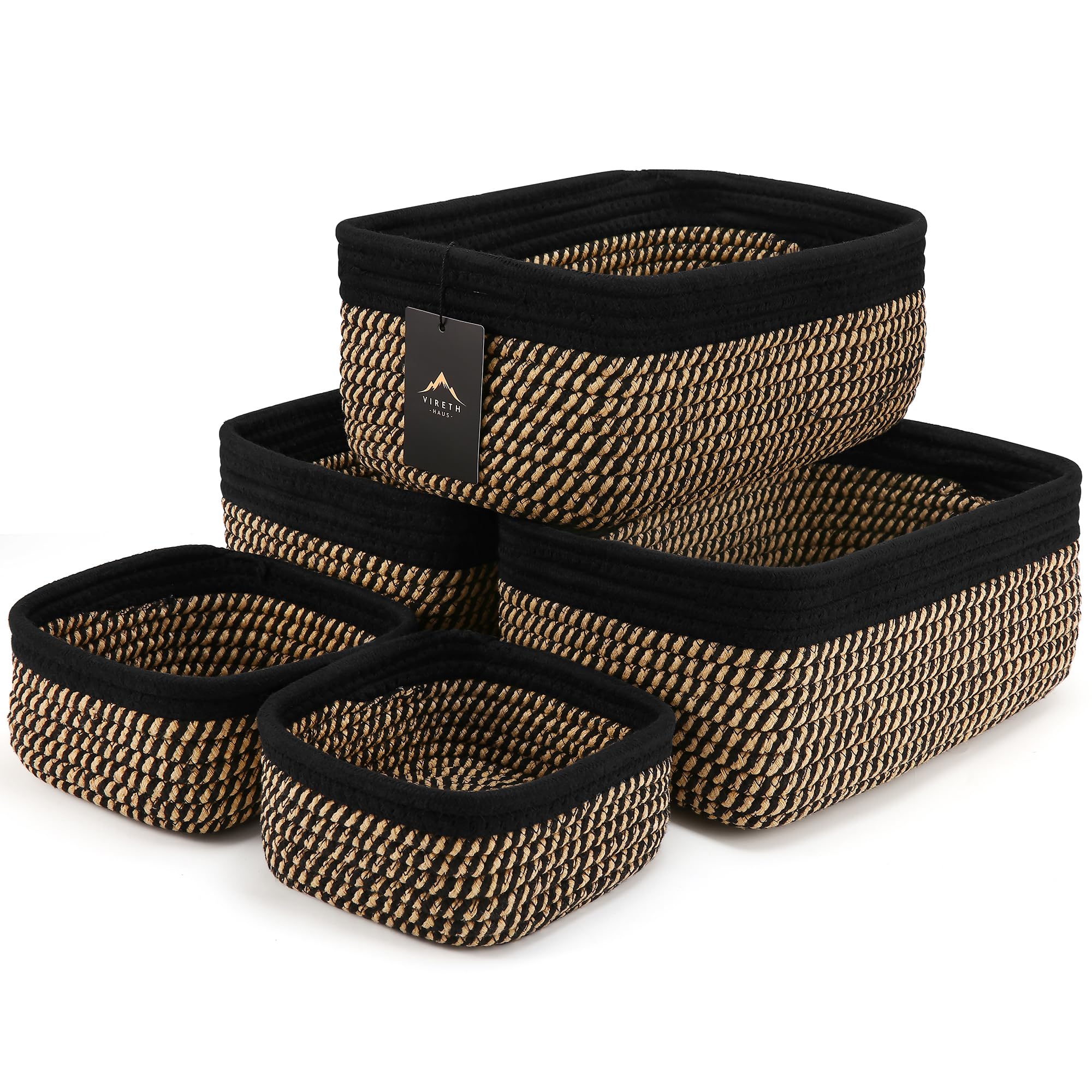 5-Pack Small Woven Rope Storage Baskets – 2 Sizes Organizer Bins for Closet, Shelf, Bookshelf, Nursery, Changing Table, Fabric Cube Boxes, Rectangular Shallow Bins for Bathroom, Toy & Home