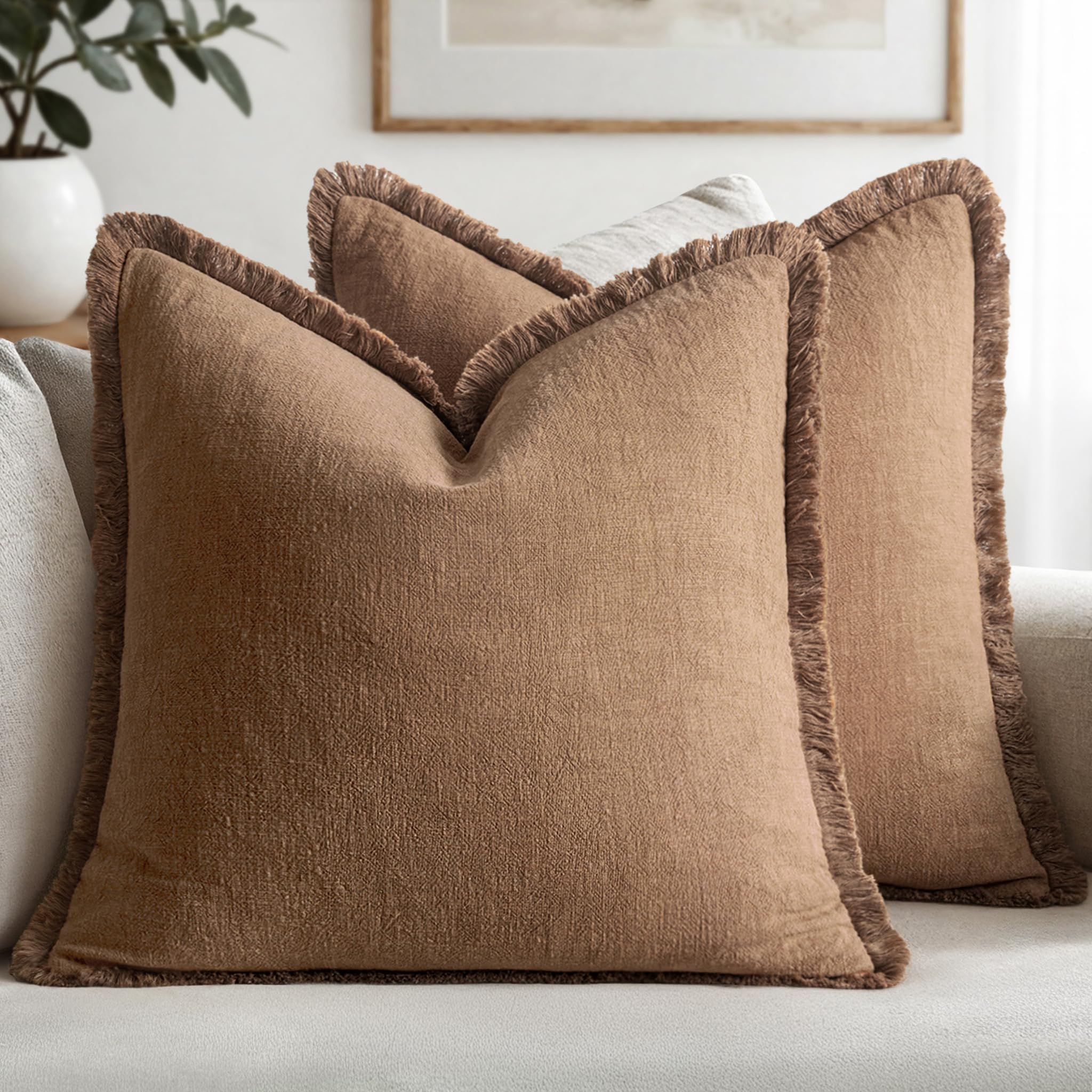 MIULEE Decorative Throw Pillow Covers Neutral Linen Fringe Throw Pillows Set of 2 Natural Beige Boho Farmhouse Cushion Cases with Tassels for Couch Sofa Bed Living Room Spring Decor 18x18 Inch