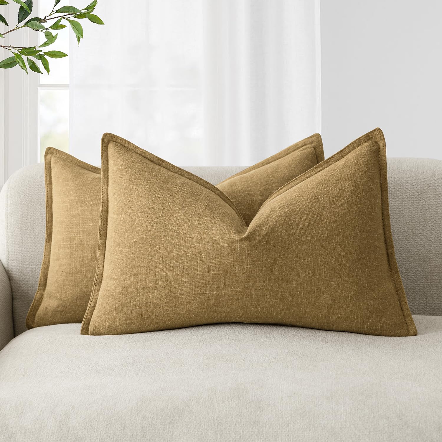 Foindtower Pack of 2, Decorative Linen Soild Throw Pillow Covers Soft Accent Cushion Case Boho Farmhouse Neutral Pillowcase for Couch Sofa Bedroom Living Room Home Decor 20 x 20 Inch Natural Beige