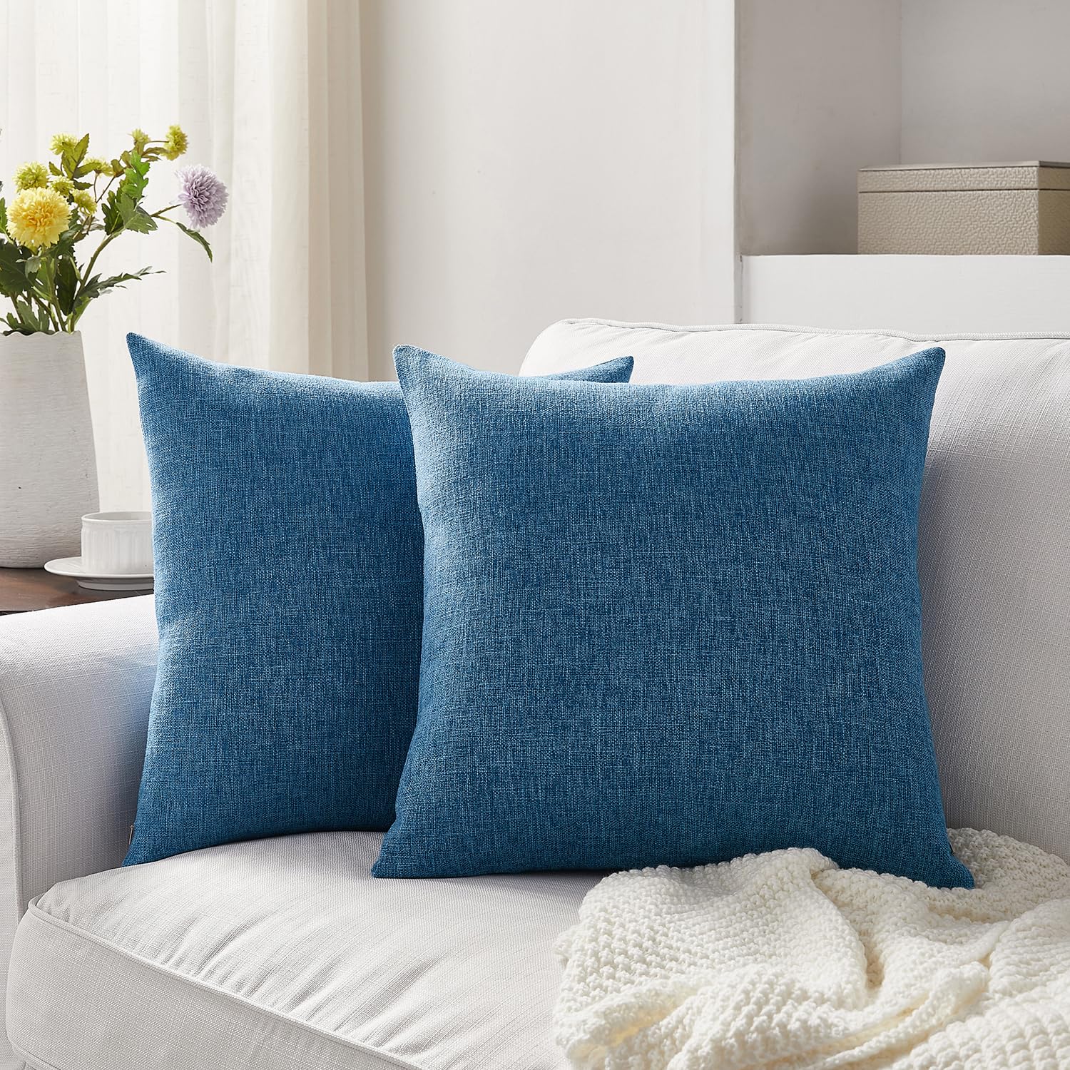Meekio Set of 2 Ivory Throw Pillow Covers 18x18, Modern Farmhouse Linen Blend Decorative Pillow Covers for Couch Sofa Bed, Neutral Home Decor