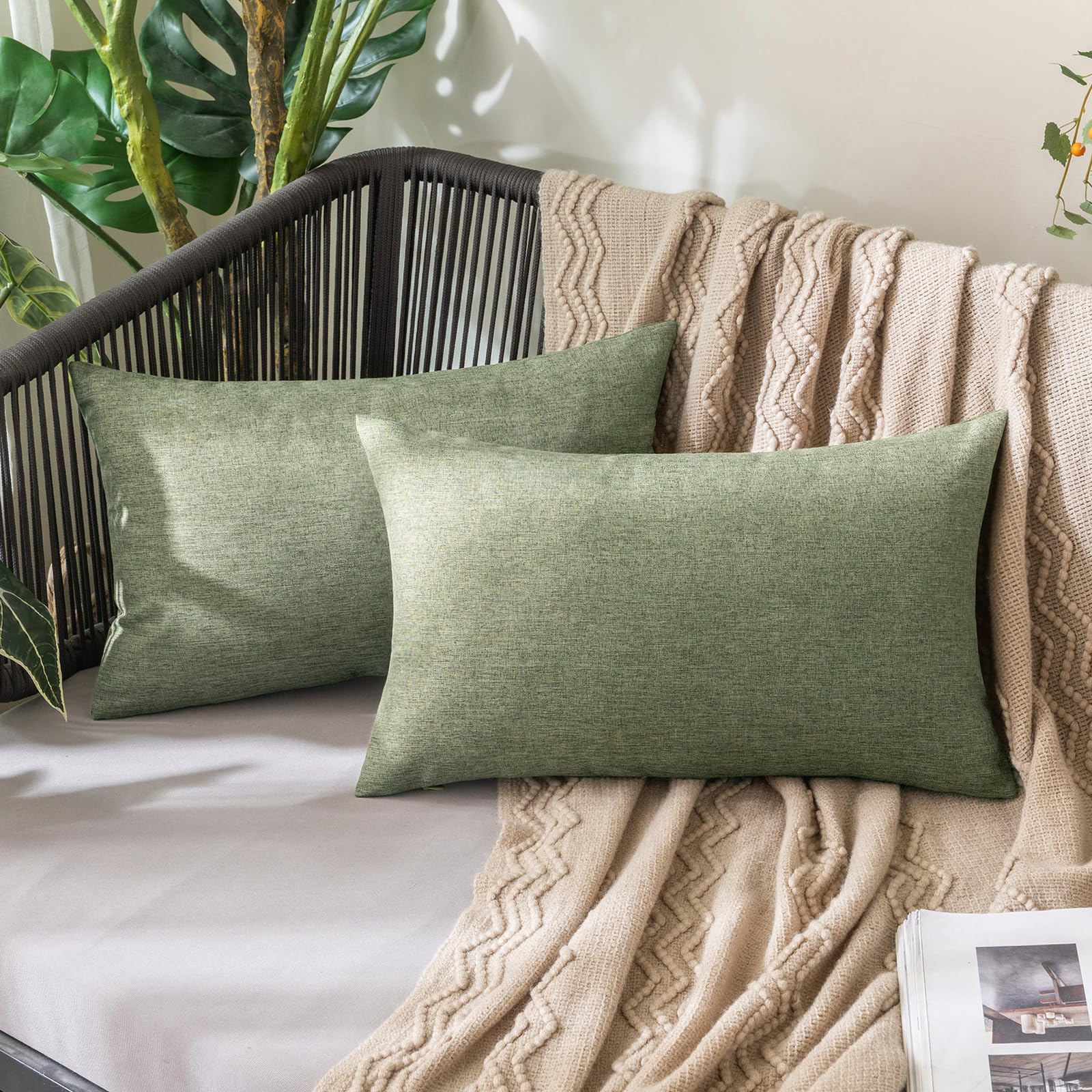MIULEE Pack of 2 Decorative Outdoor Solid Waterproof Throw Pillow Covers Faux Linen Garden Farmhouse Cushion Cases for Patio Tent Balcony Couch Sofa 18x18 Inch Beige