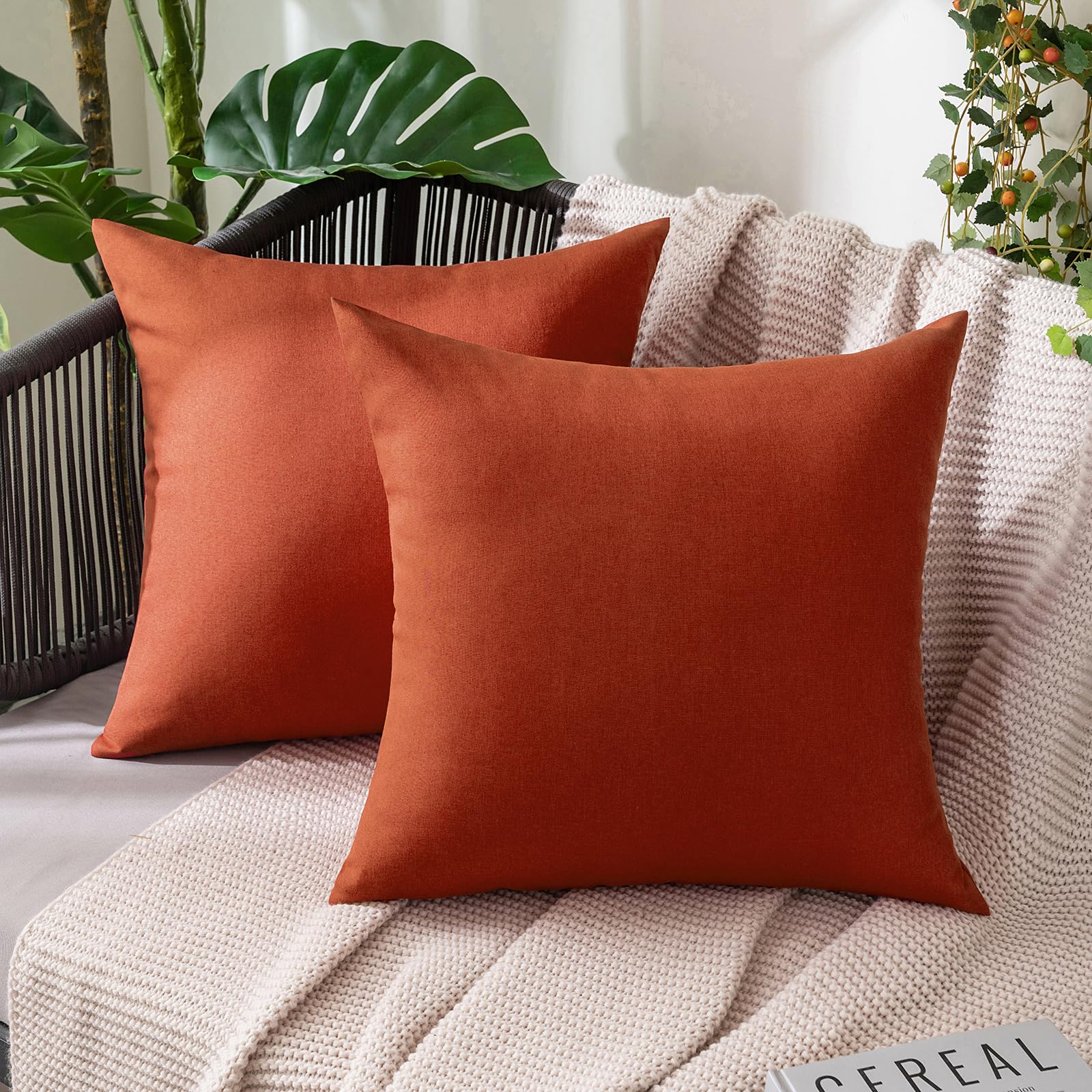 MIULEE Pack of 2 Decorative Outdoor Solid Waterproof Throw Pillow Covers Faux Linen Garden Farmhouse Cushion Cases for Patio Tent Balcony Couch Sofa 18x18 Inch Beige