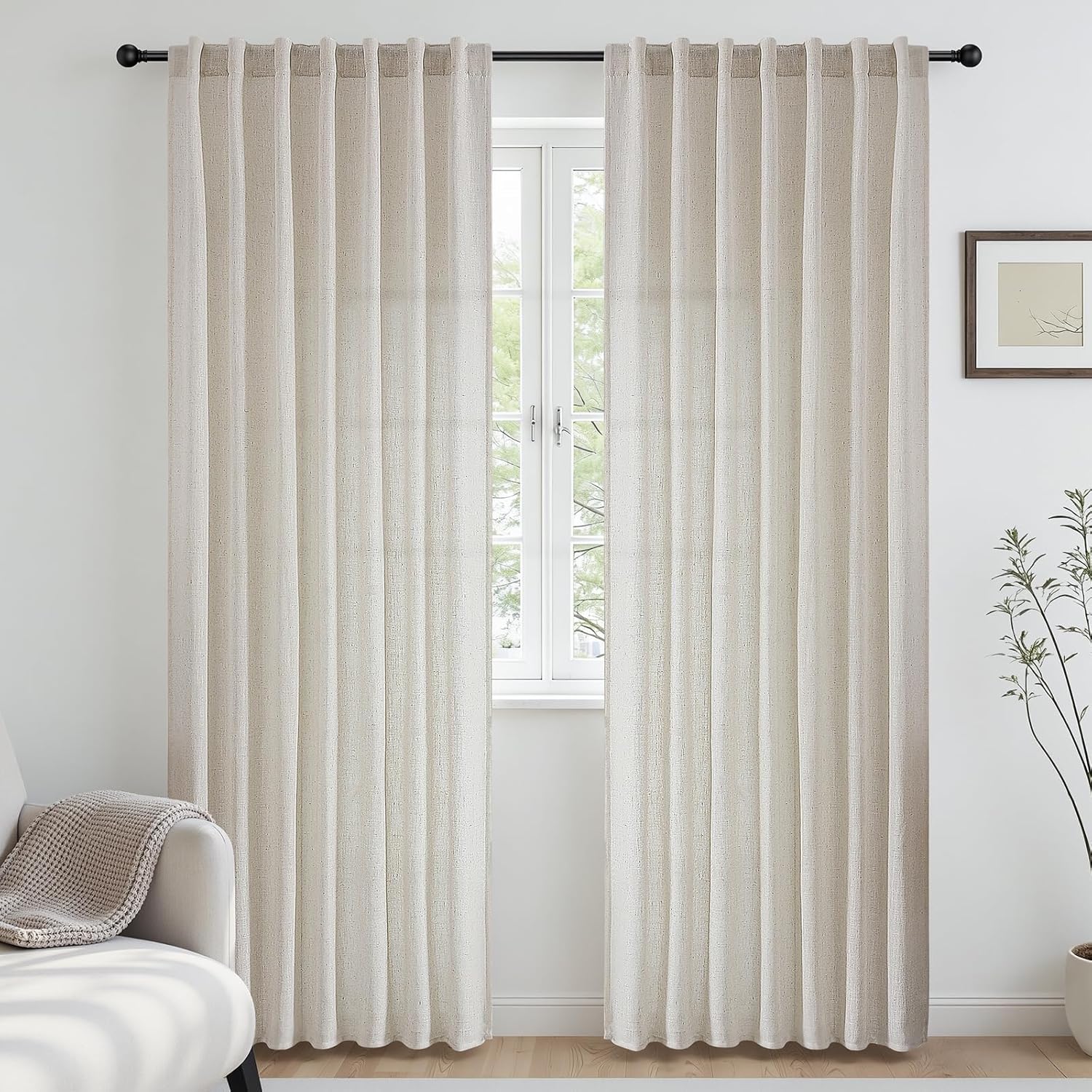 CUCRAF Natural Off White Linen Non See Through Semi Sheer Privacy Curtains 84 Inches, Light Filtering Curtain for Bedroom Living Room, 2 Panels Set Rod Pocket & Back Tab Window Drapes (52 x 84 Inch)