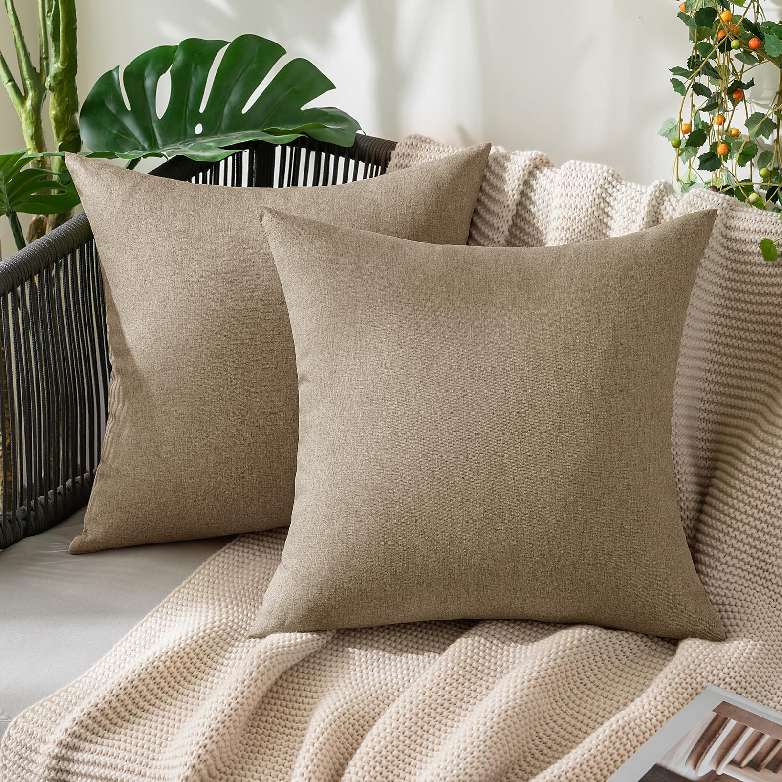 MIULEE Pack of 2 Decorative Outdoor Solid Waterproof Throw Pillow Covers Faux Linen Garden Farmhouse Cushion Cases for Patio Tent Balcony Couch Sofa 18x18 Inch Beige