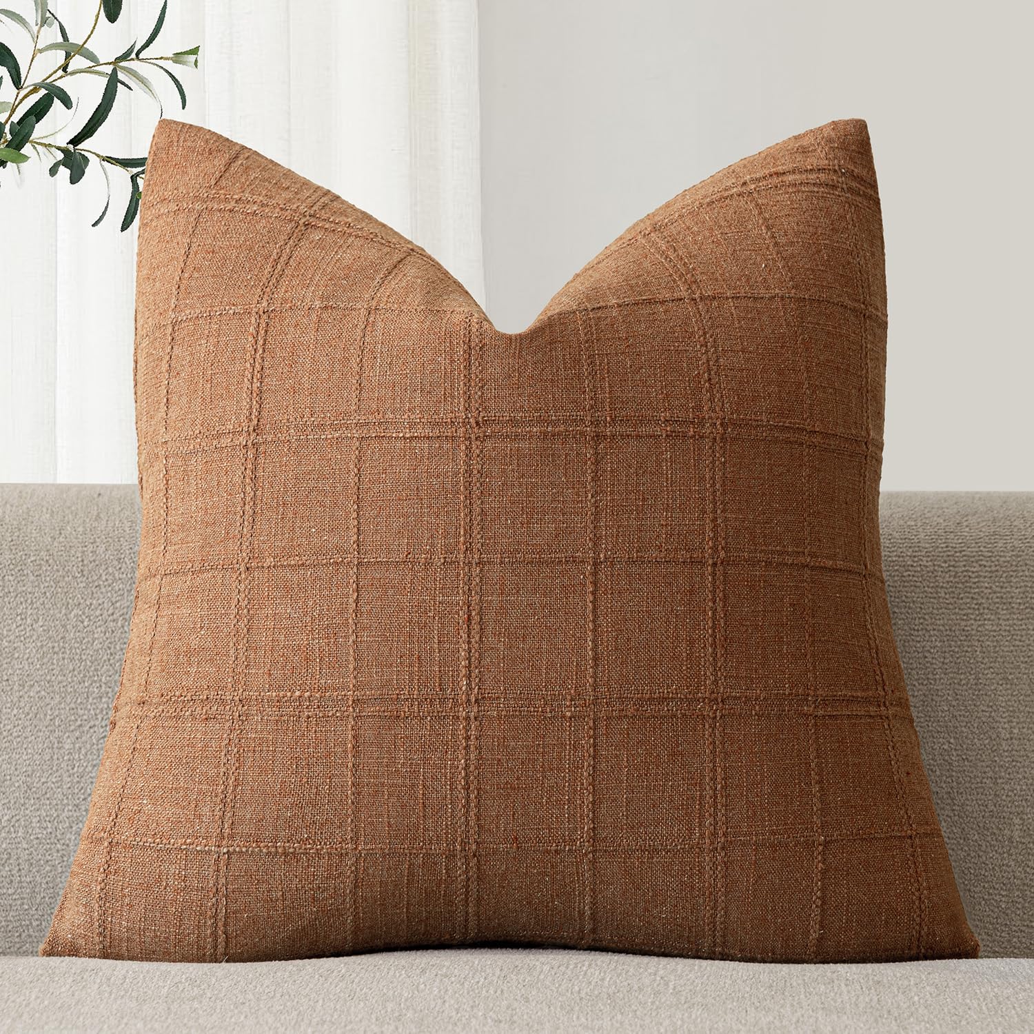 Foindtower Set of 1 Decorative Linen Check Throw Pillow Cover Neutral Farmhouse Lumbar Cushion Cover Modern Boho Home Decor for Sofa Chair Couch Bedroom Living Room,12×20 Inch,Natural Beige