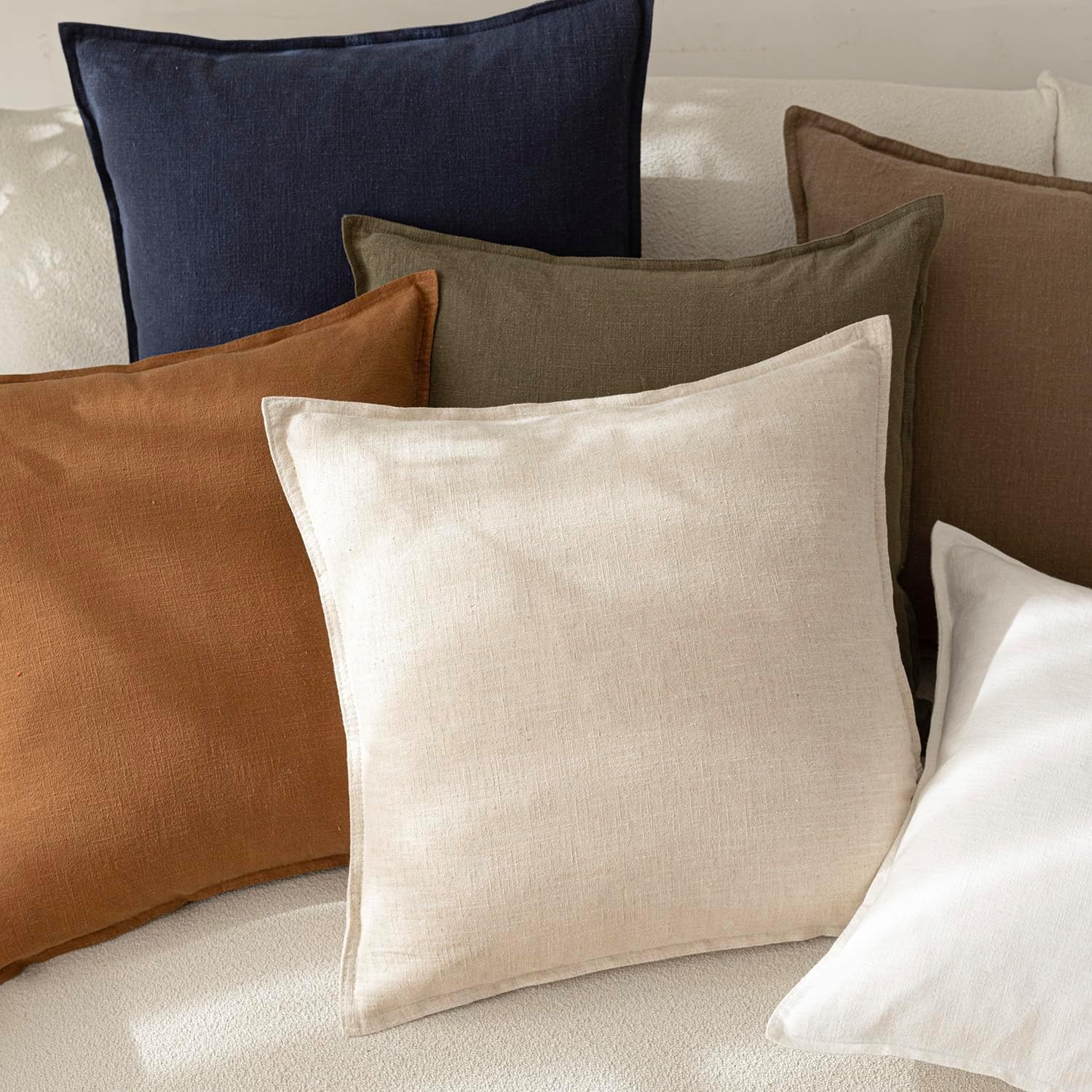 Foindtower Pack of 2, Decorative Linen Soild Throw Pillow Covers Soft Accent Cushion Case Boho Farmhouse Neutral Pillowcase for Couch Sofa Bedroom Living Room Home Decor 18 x 18 Inch Natural Beige