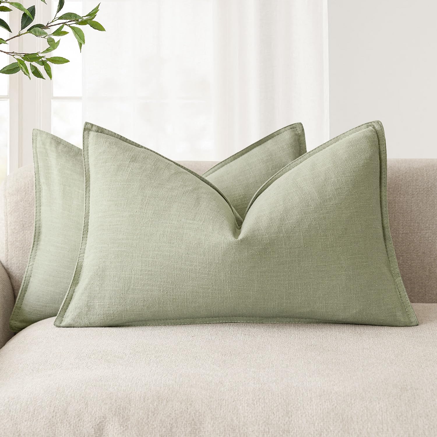 Foindtower Pack of 2, Decorative Linen Soild Throw Pillow Covers Soft Accent Cushion Case Boho Farmhouse Neutral Pillowcase for Couch Sofa Bedroom Living Room Home Decor 20 x 20 Inch Natural Beige