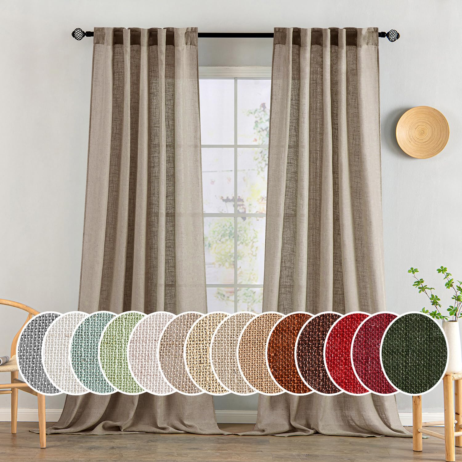 MIULEE Taupe Linen Curtains 84 Inch Length for Bedroom Living Room, Soft Thick Linen Textured Window Drapes Semi Sheer Light Filtering Back Tab Rod Pocket Burlap Look Farmhouse Country Decor, 2 Panels