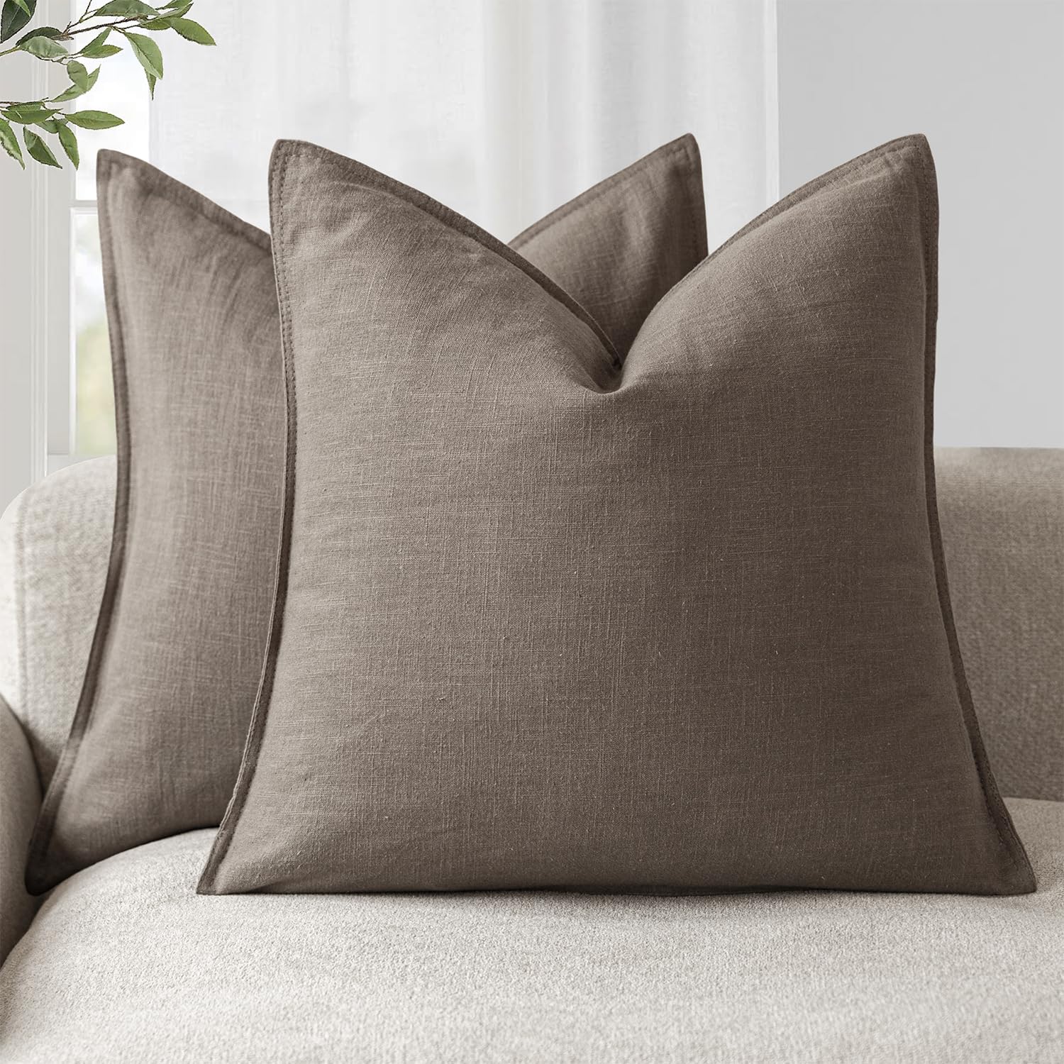 Foindtower Pack of 2, Decorative Linen Soild Throw Pillow Covers Soft Accent Cushion Case Boho Farmhouse Neutral Pillowcase for Couch Sofa Bedroom Living Room Home Decor 18 x 18 Inch Natural Beige