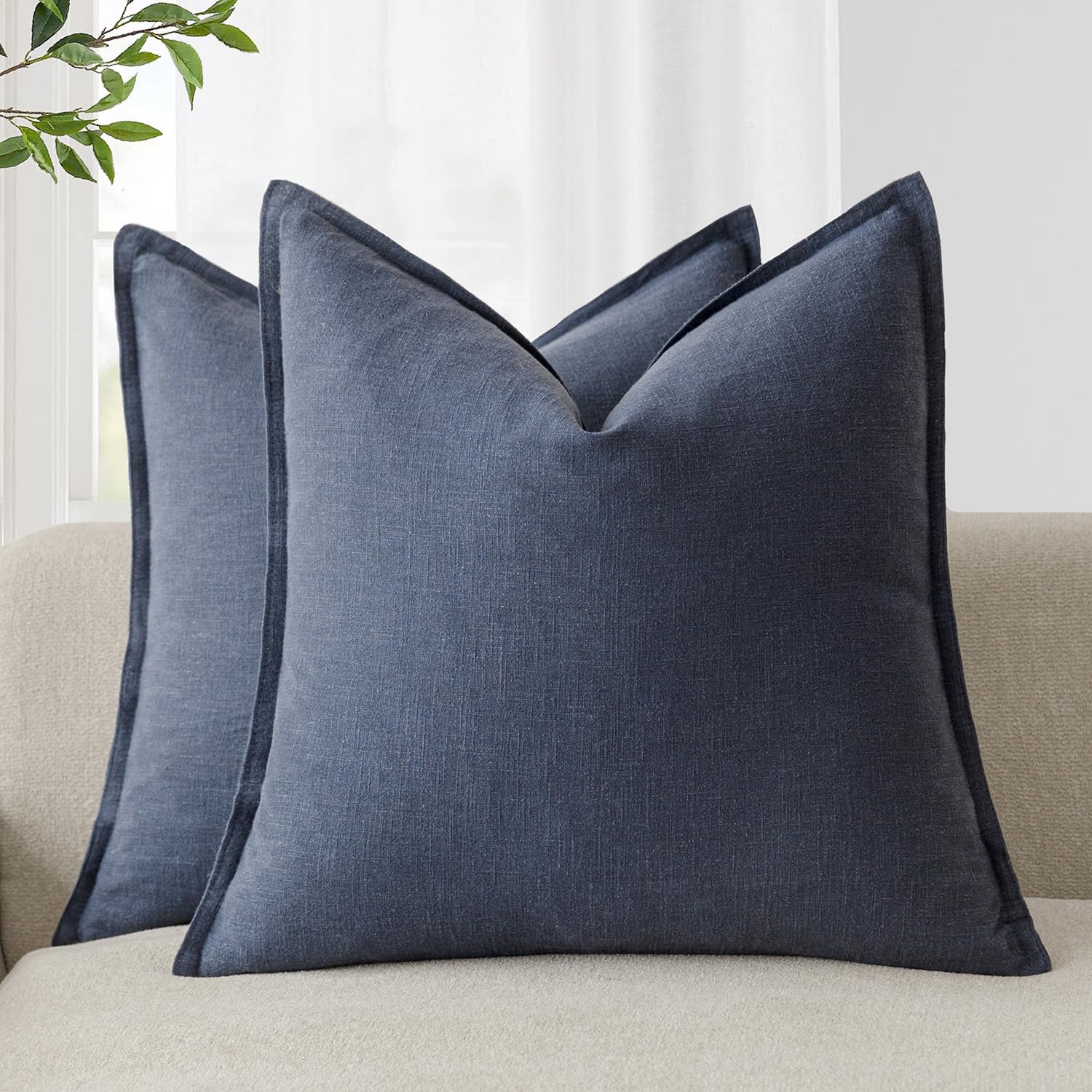 Foindtower Pack of 2, Decorative Linen Soild Throw Pillow Covers Soft Accent Cushion Case Boho Farmhouse Neutral Pillowcase for Couch Sofa Bedroom Living Room Home Decor 18 x 18 Inch Natural Beige