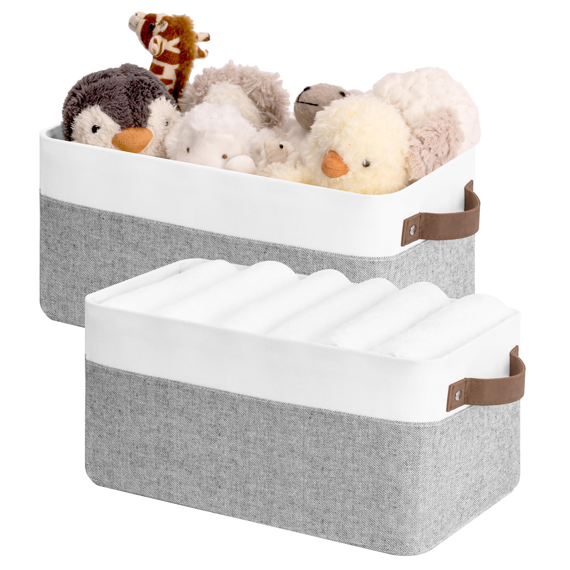 StorageWorks Narrow Storage Bins, Small Basket for Closet and Shelves, Fabric Organizer with Handles, Toilet Paper Storage, Khaki and Beige Stripes, 2-Pack