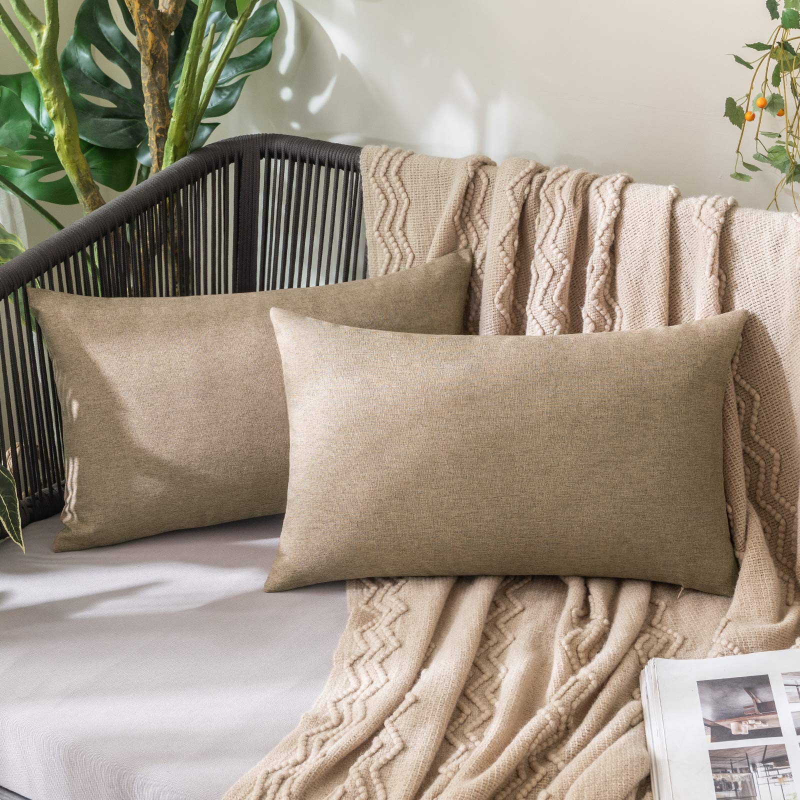 MIULEE Pack of 2 Decorative Outdoor Solid Waterproof Throw Pillow Covers Faux Linen Garden Farmhouse Cushion Cases for Patio Tent Balcony Couch Sofa 18x18 Inch Beige