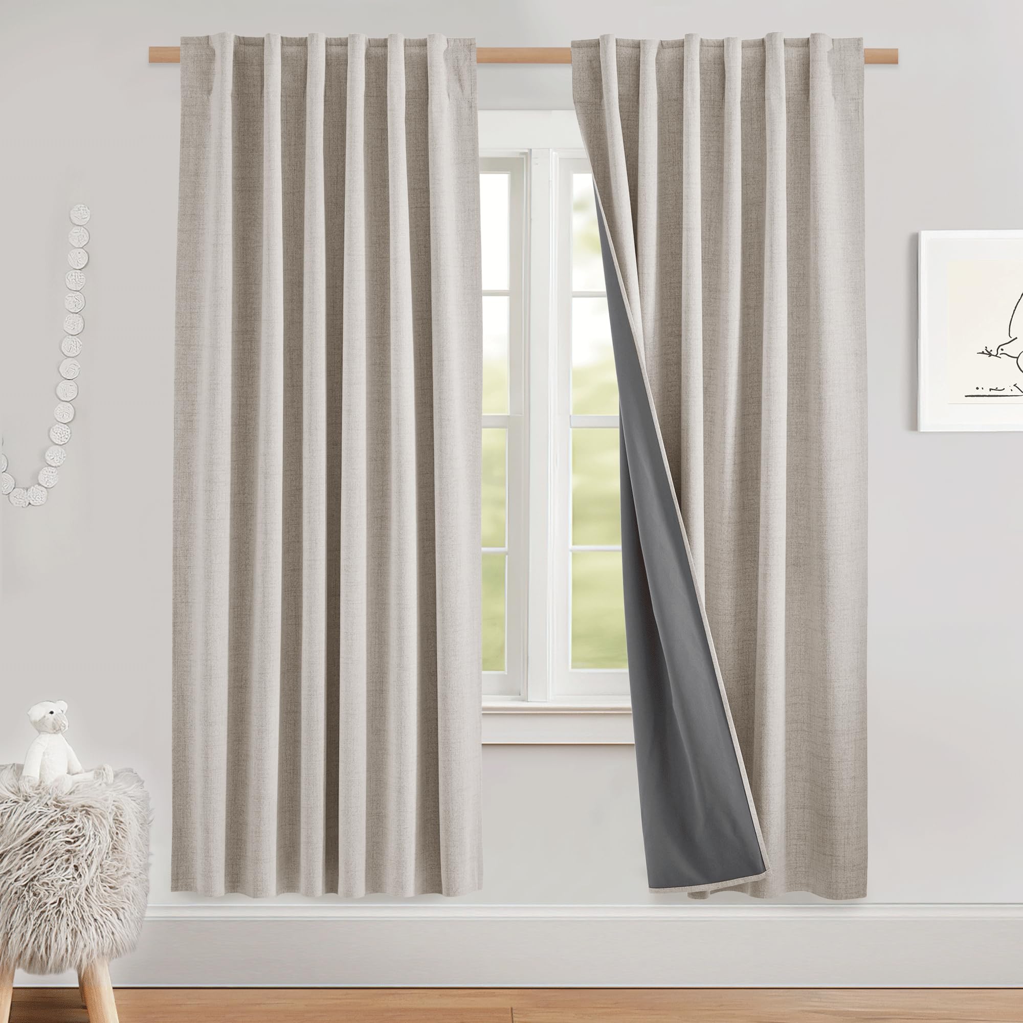 NICETOWN 100% Blackout Linen Curtains 90" Long for Bedroom, Thermal Insulated Living Room Curtains with Liner, Farmhouse Style Linen Blend Window Draperies for Dining Room (2 Panels, 52" W, Natural)