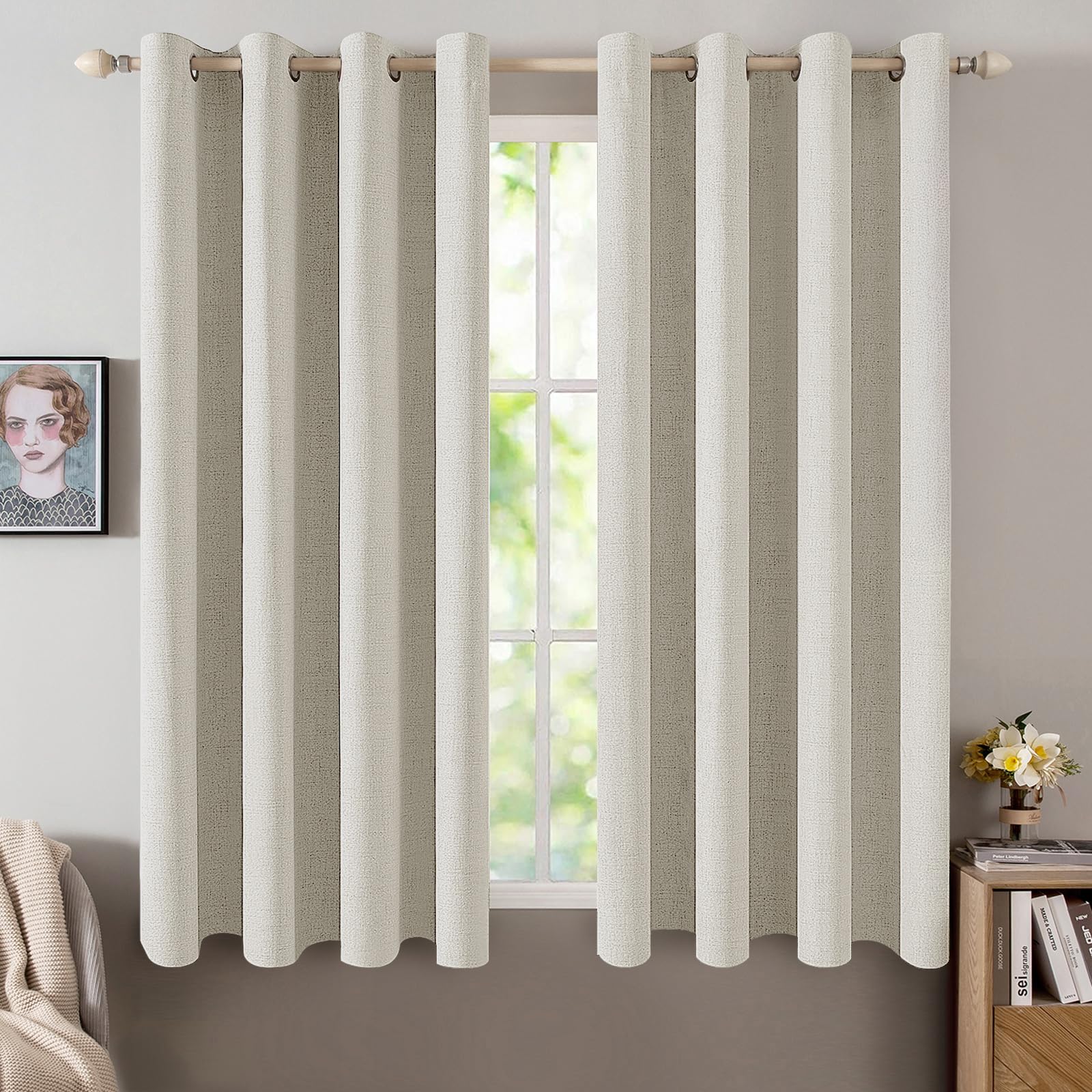 MIULEE 100% Blackout Linen Textured Curtains for Bedroom Solid Thermal Insulated Natural Beige Grommet Room Darkening Curtains & Drapes Luxury Decor for Living Room Nursery 52 x 84 Inch (2 Panels)