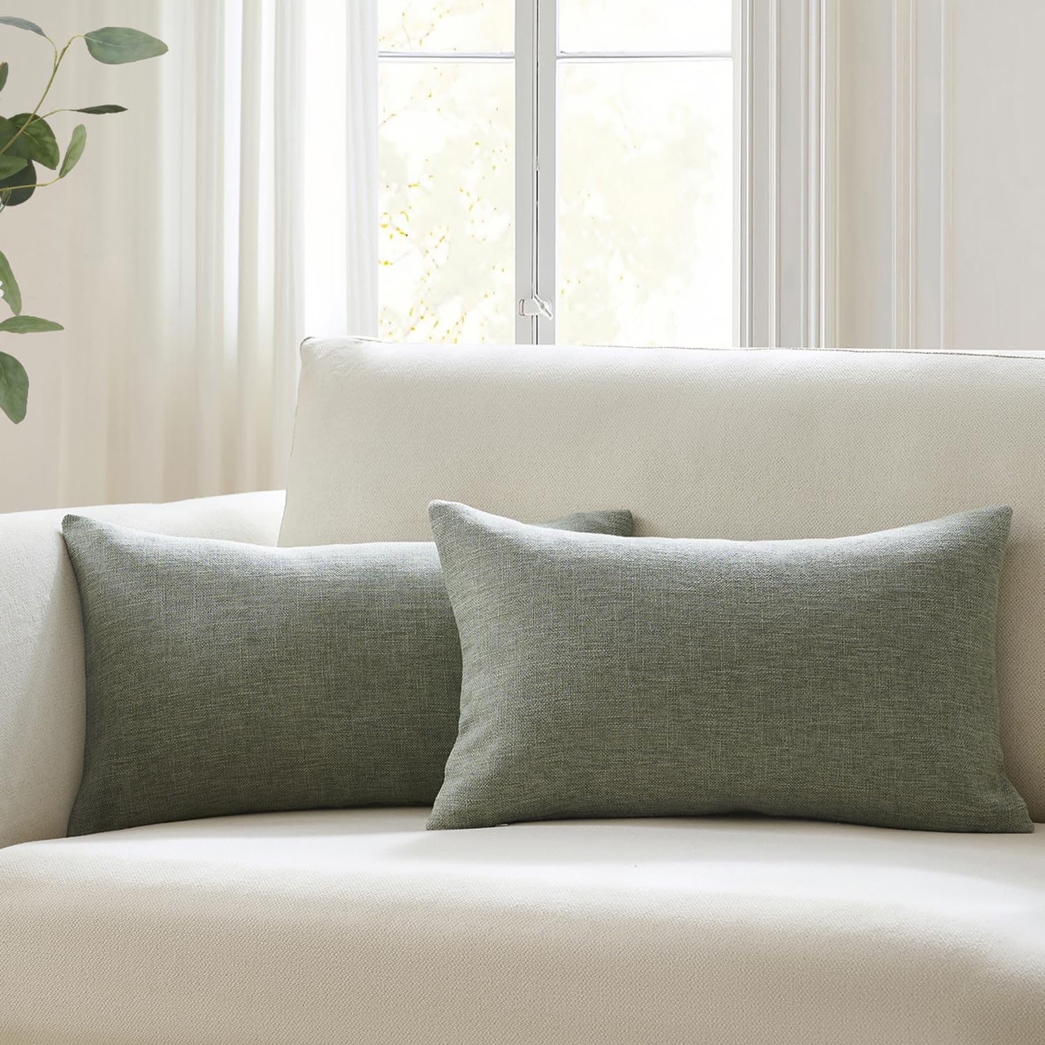 Meekio Set of 2 Ivory Throw Pillow Covers 18x18, Modern Farmhouse Linen Blend Decorative Pillow Covers for Couch Sofa Bed, Neutral Home Decor
