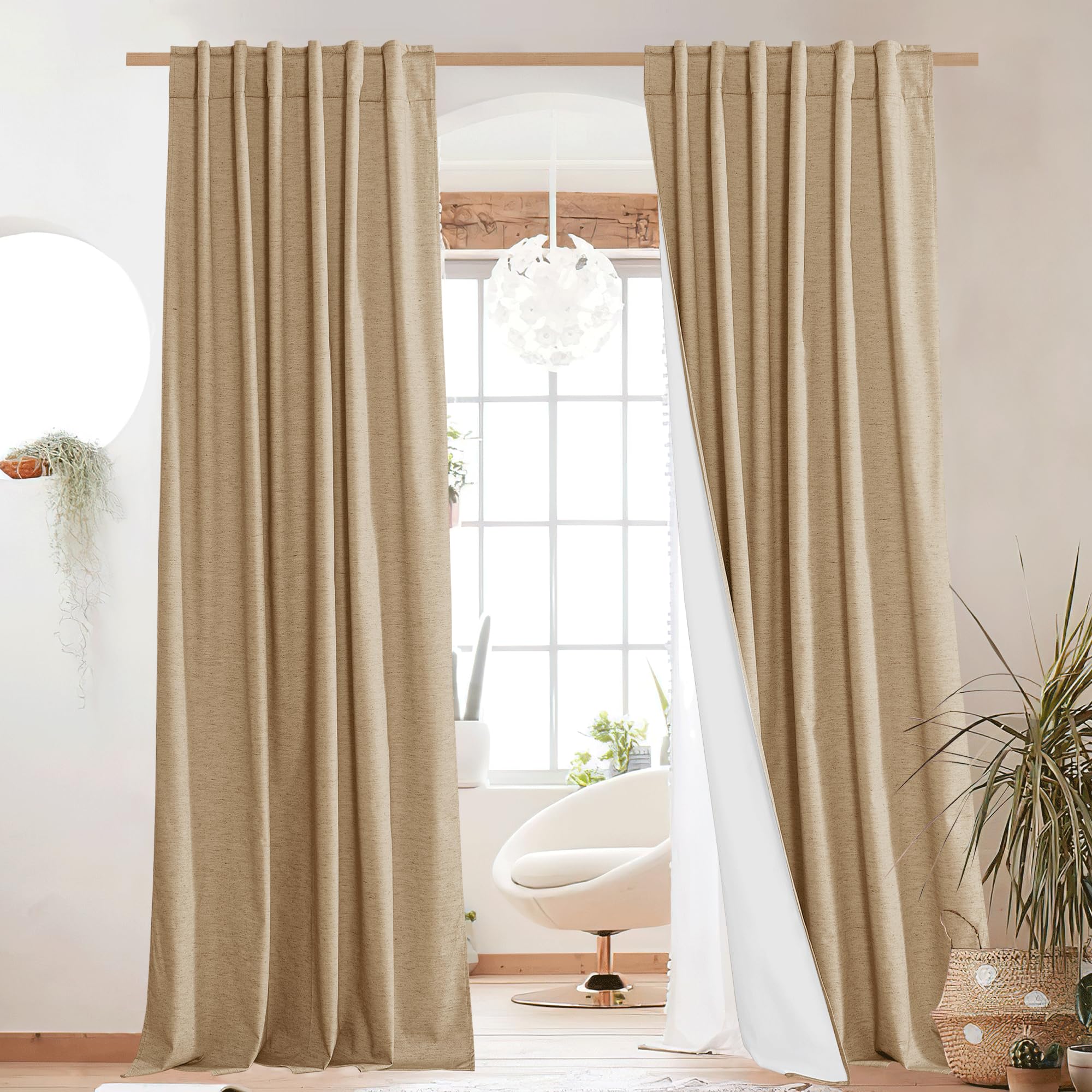 NICETOWN 100% Blackout Linen Curtains 90" Long for Bedroom, Thermal Insulated Living Room Curtains with Liner, Farmhouse Style Linen Blend Window Draperies for Dining Room (2 Panels, 52" W, Natural)