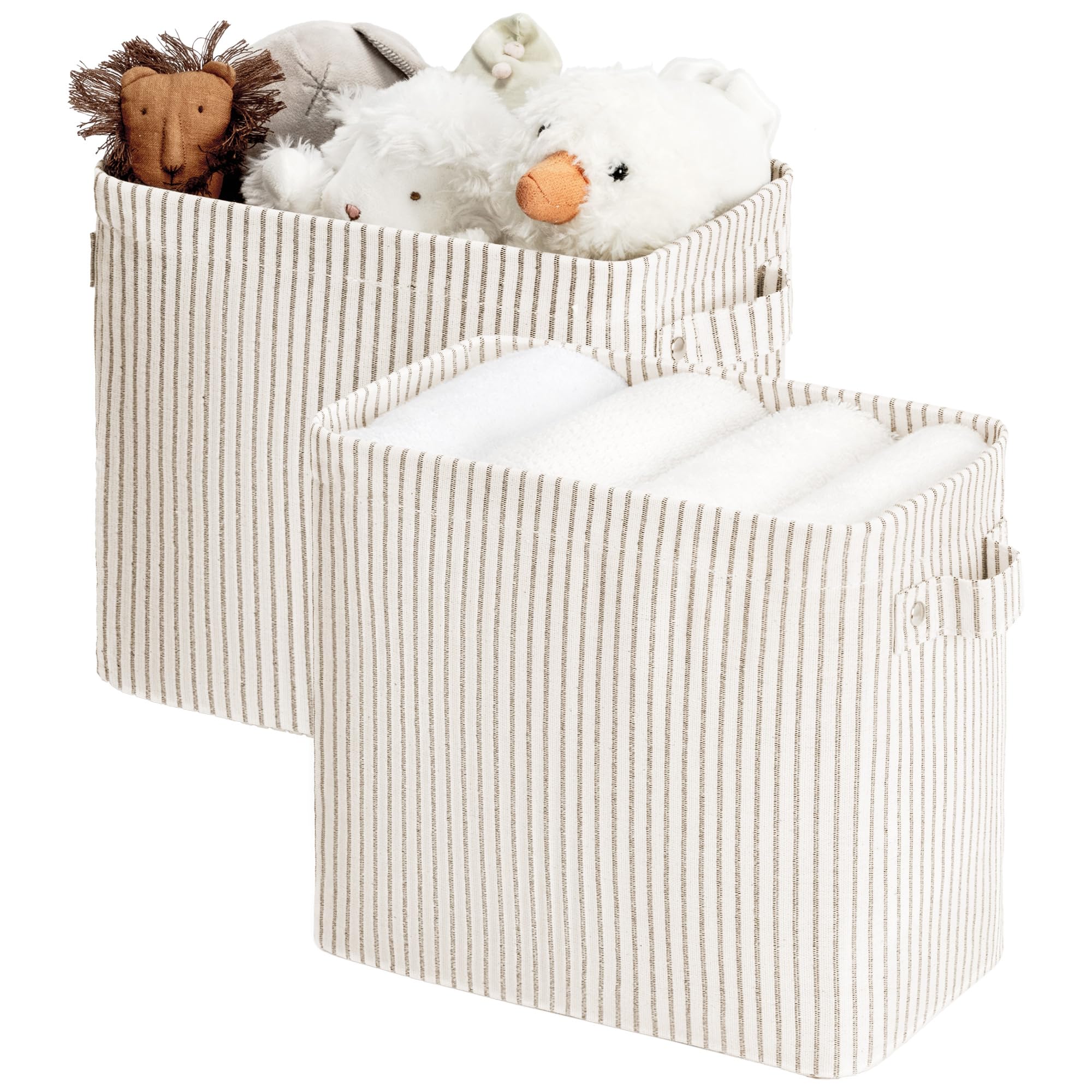 StorageWorks Narrow Storage Bins, Small Basket for Closet and Shelves, Fabric Organizer with Handles, Toilet Paper Storage, Khaki and Beige Stripes, 2-Pack