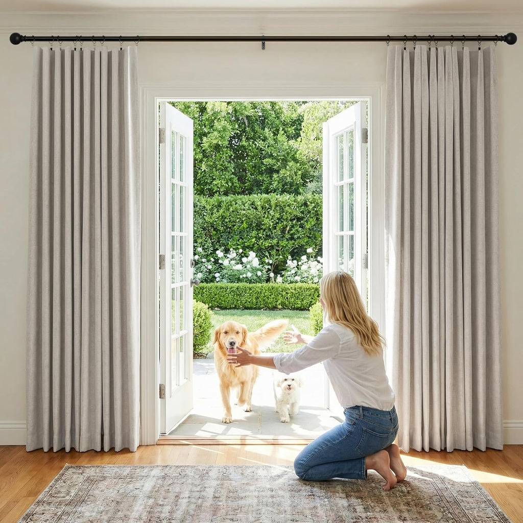 NICETOWN 100% Blackout Linen Curtains 90" Long for Bedroom, Thermal Insulated Living Room Curtains with Liner, Farmhouse Style Linen Blend Window Draperies for Dining Room (2 Panels, 52" W, Natural)