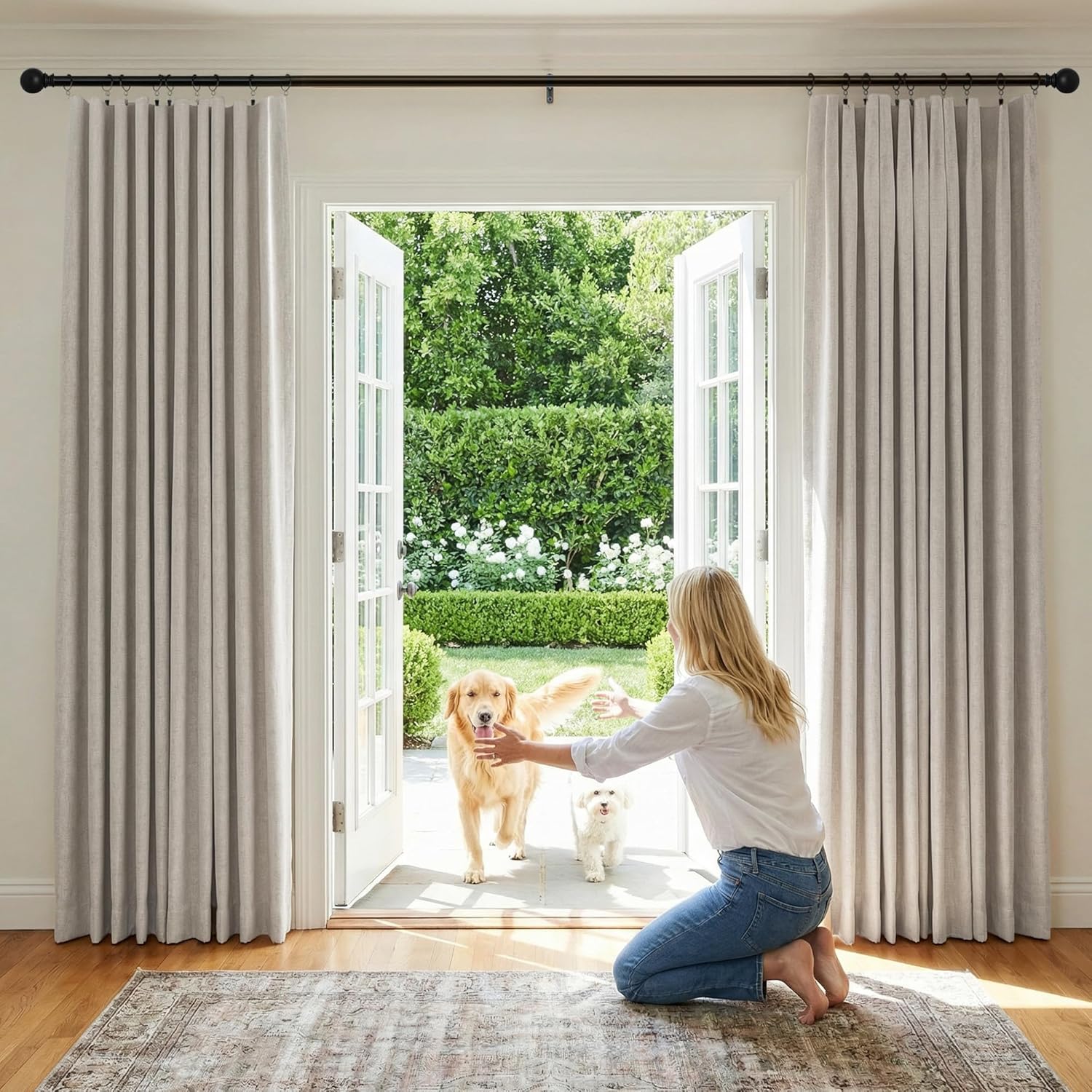 NICETOWN 100% Blackout Linen Curtains 90" Long for Bedroom, Thermal Insulated Living Room Curtains with Liner, Farmhouse Style Linen Blend Window Draperies for Dining Room (2 Panels, 52" W, Natural)